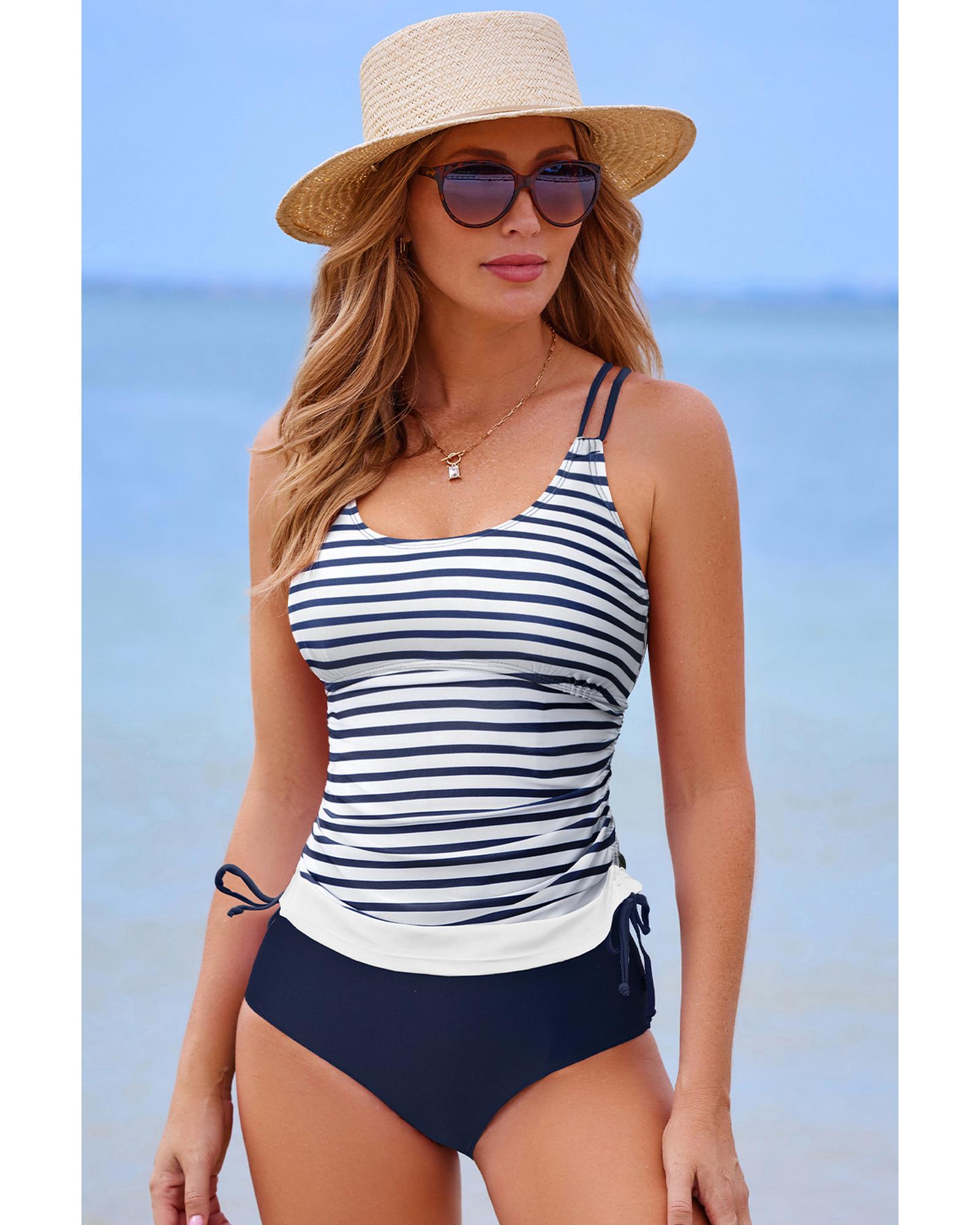 Blue Stripe Drawstring Tummy Control Mix-and-match 2pcs Tankini Swimsuit - L
