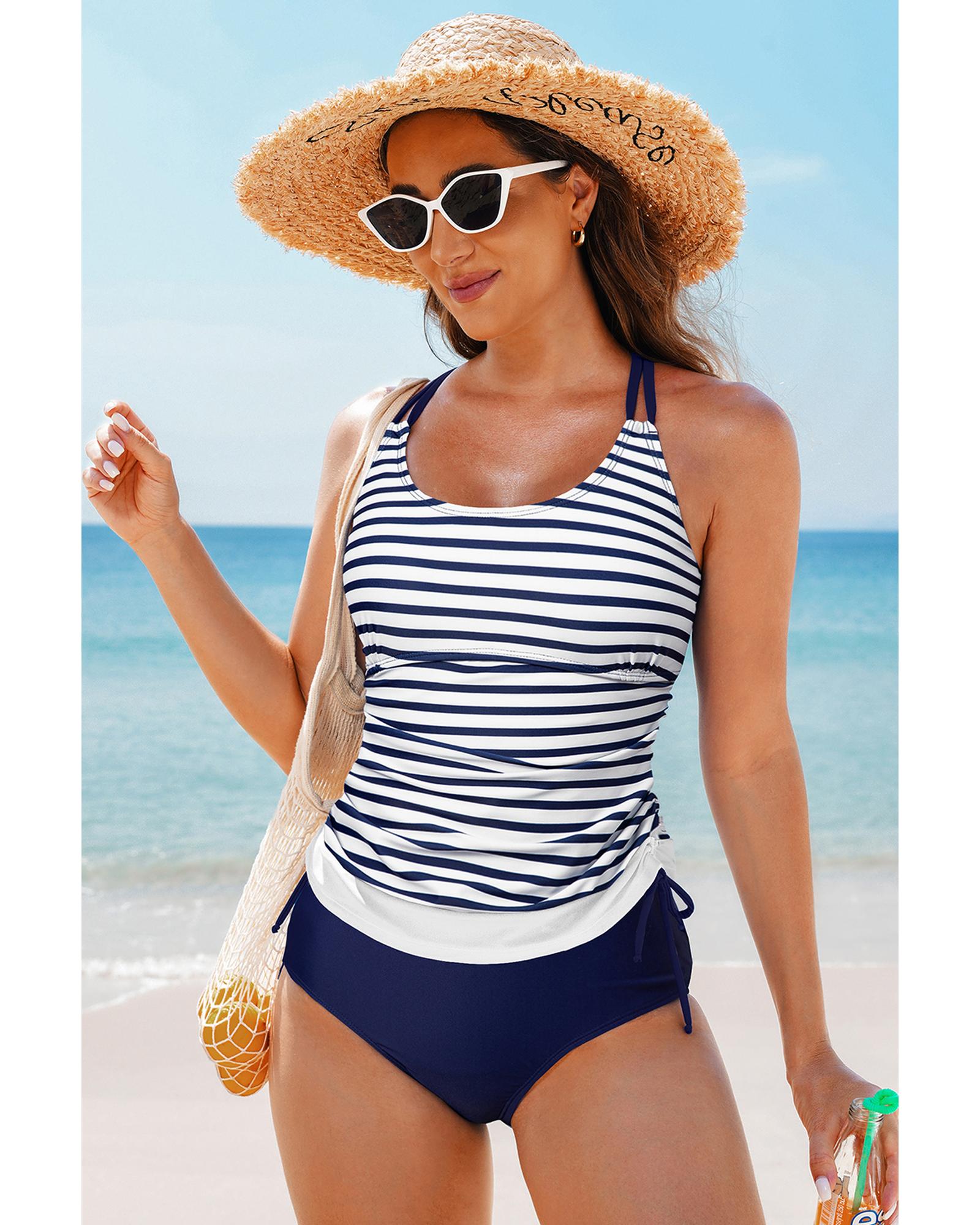Blue Stripe Drawstring Tummy Control Mix-and-match 2pcs Tankini Swimsuit - L