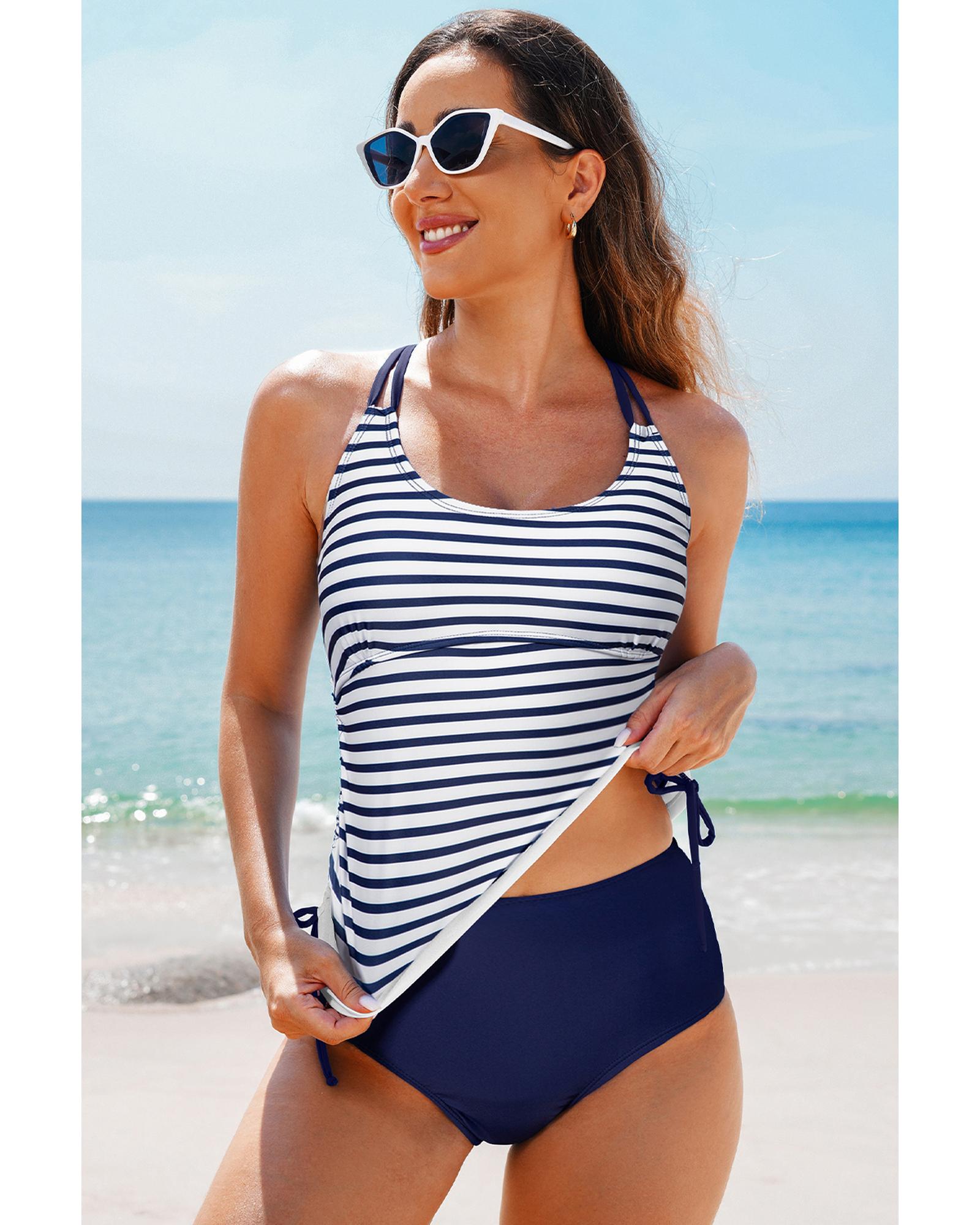 Blue Stripe Drawstring Tummy Control Mix-and-match 2pcs Tankini Swimsuit - S