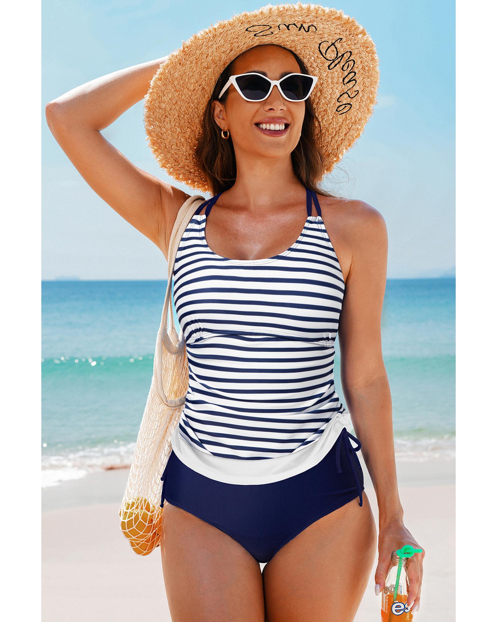 Blue Stripe Drawstring Tummy Control Mix-and-match 2pcs Tankini Swimsuit - S