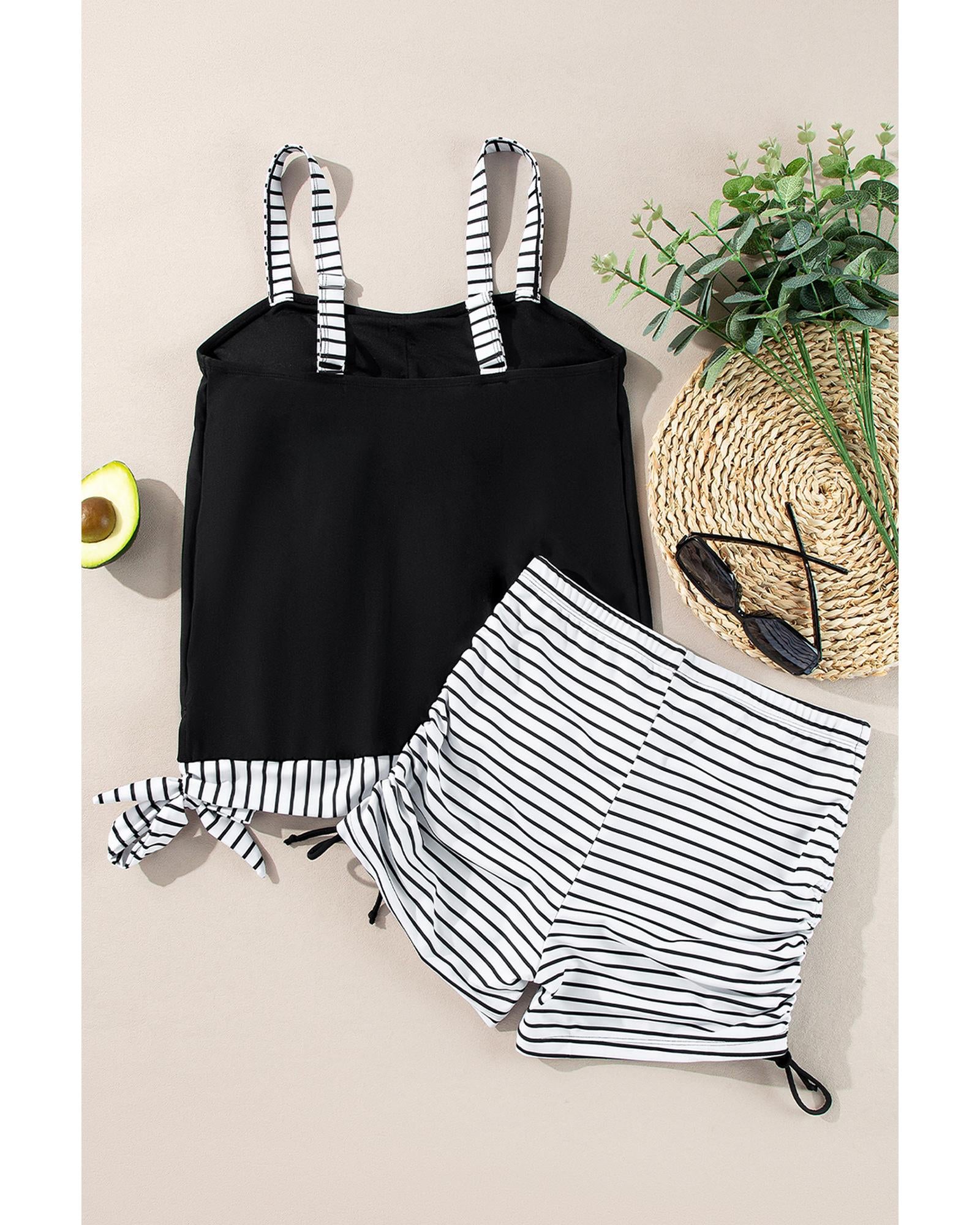 Black Striped Patchwork Side Drawstring Bottoms Tankini Set - S