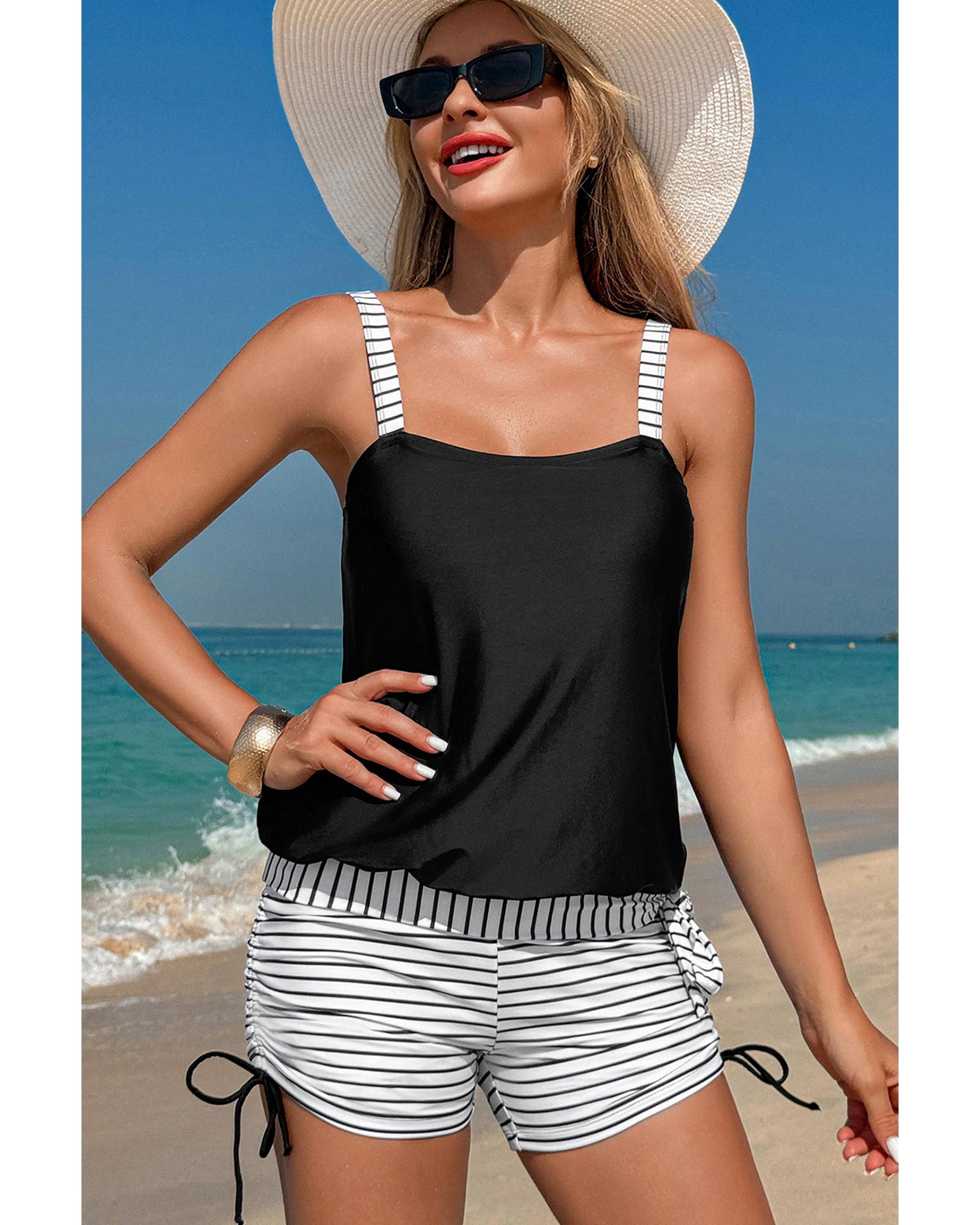Black Striped Patchwork Side Drawstring Bottoms Tankini Set - S