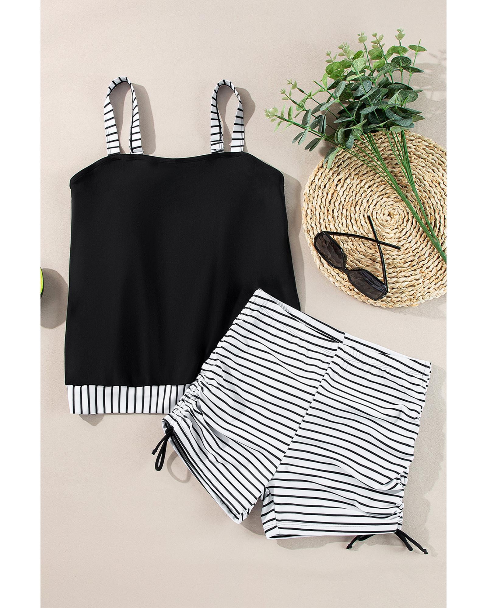 Black Striped Patchwork Side Drawstring Bottoms Tankini Set - S