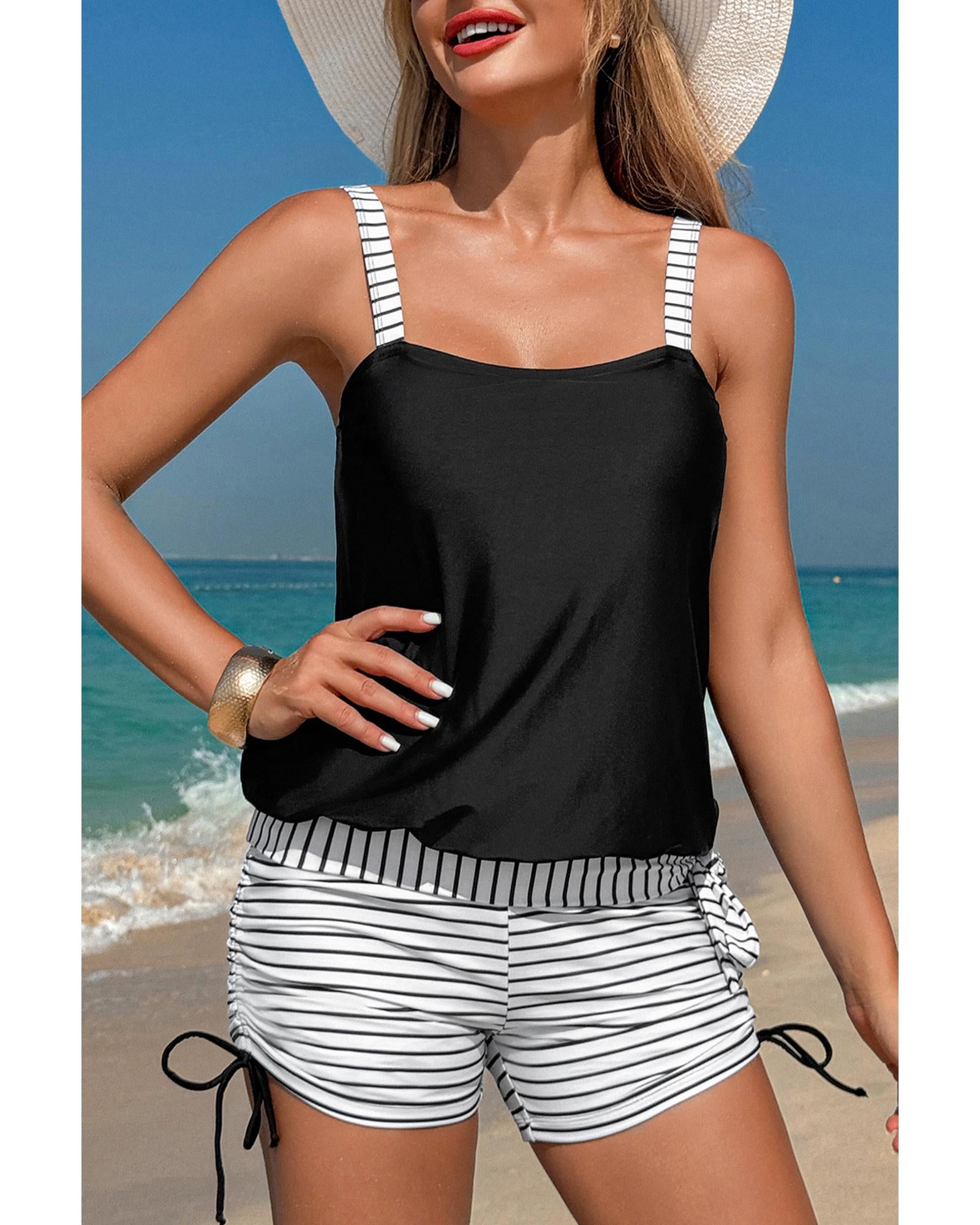 Black Striped Patchwork Side Drawstring Bottoms Tankini Set - S