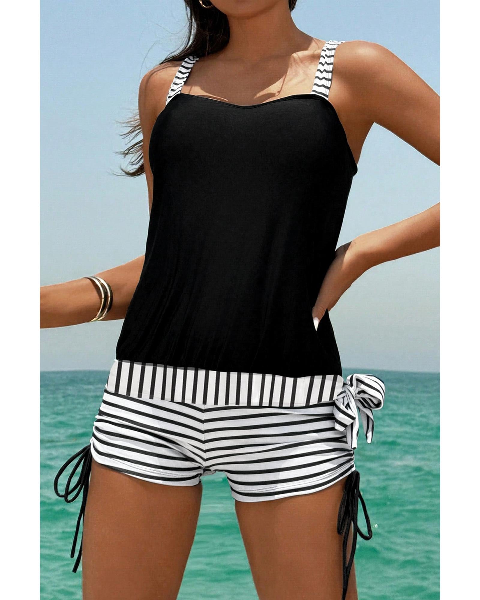 Black Striped Patchwork Side Drawstring Bottoms Tankini Set - S