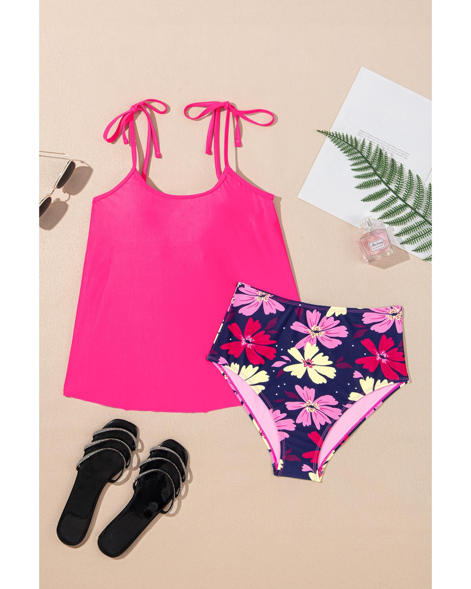 Rose Red Tie Shoulder Floral Print Cute Tankini Set - 2XL