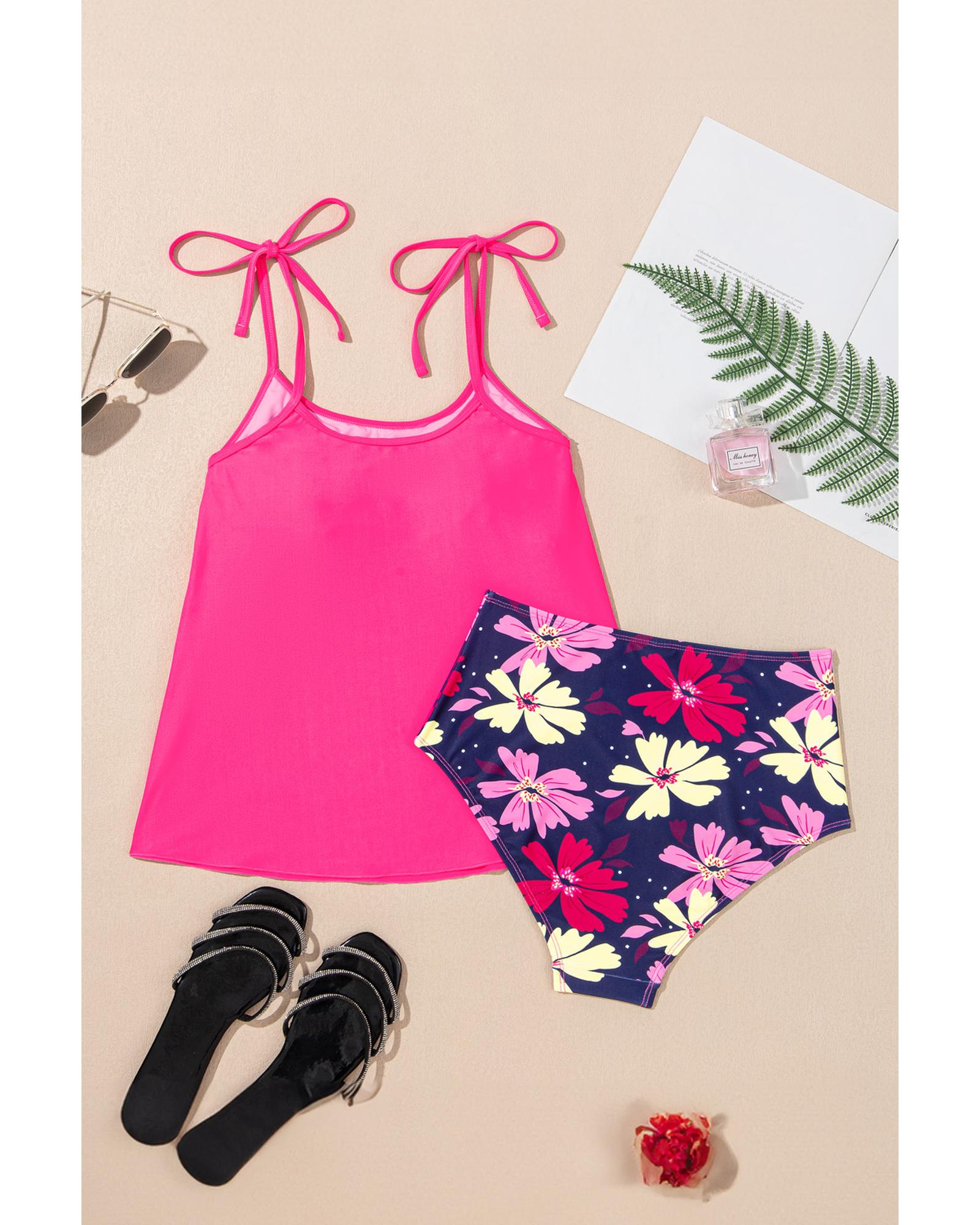 Rose Red Tie Shoulder Floral Print Cute Tankini Set - L