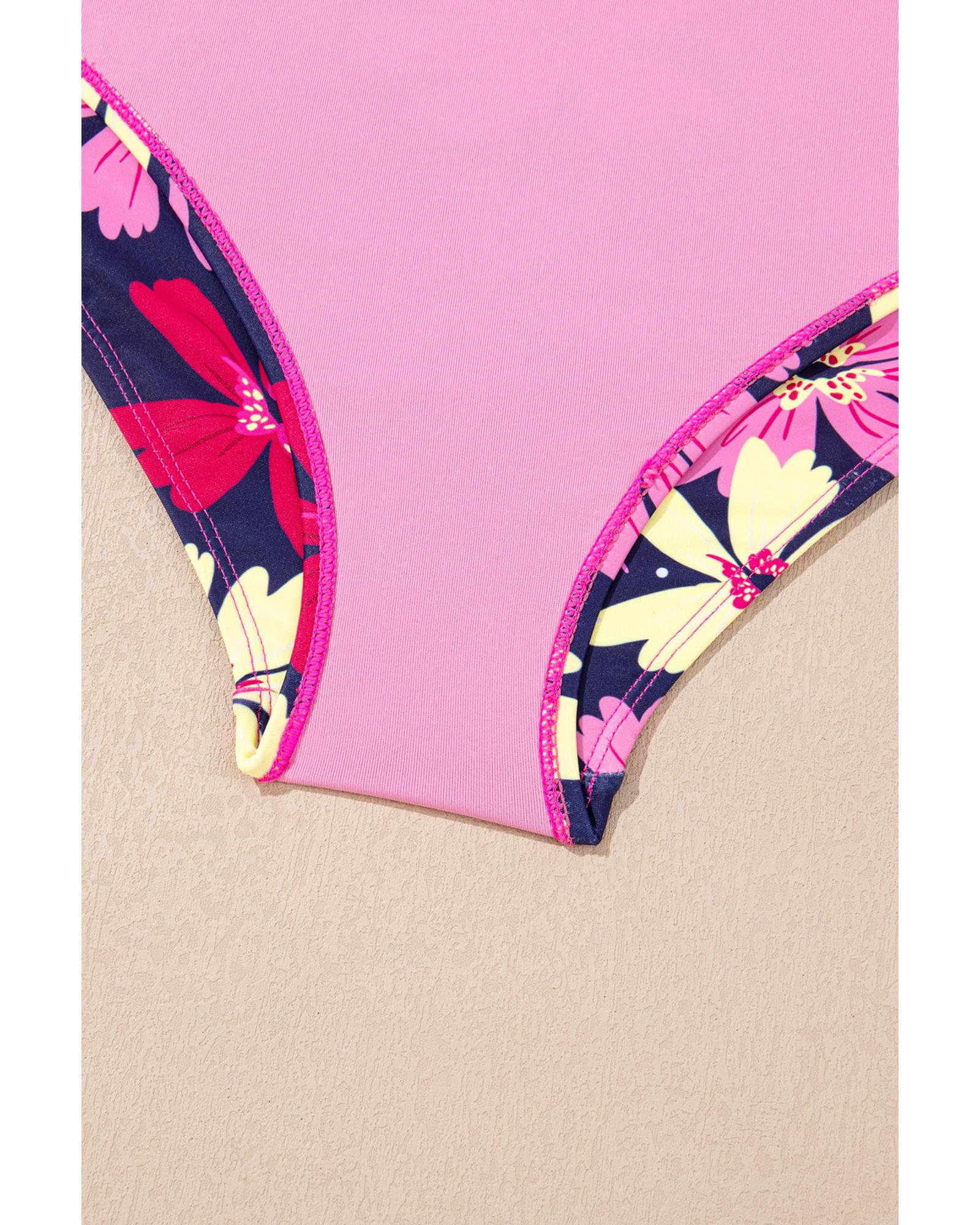 Rose Red Tie Shoulder Floral Print Cute Tankini Set - XL
