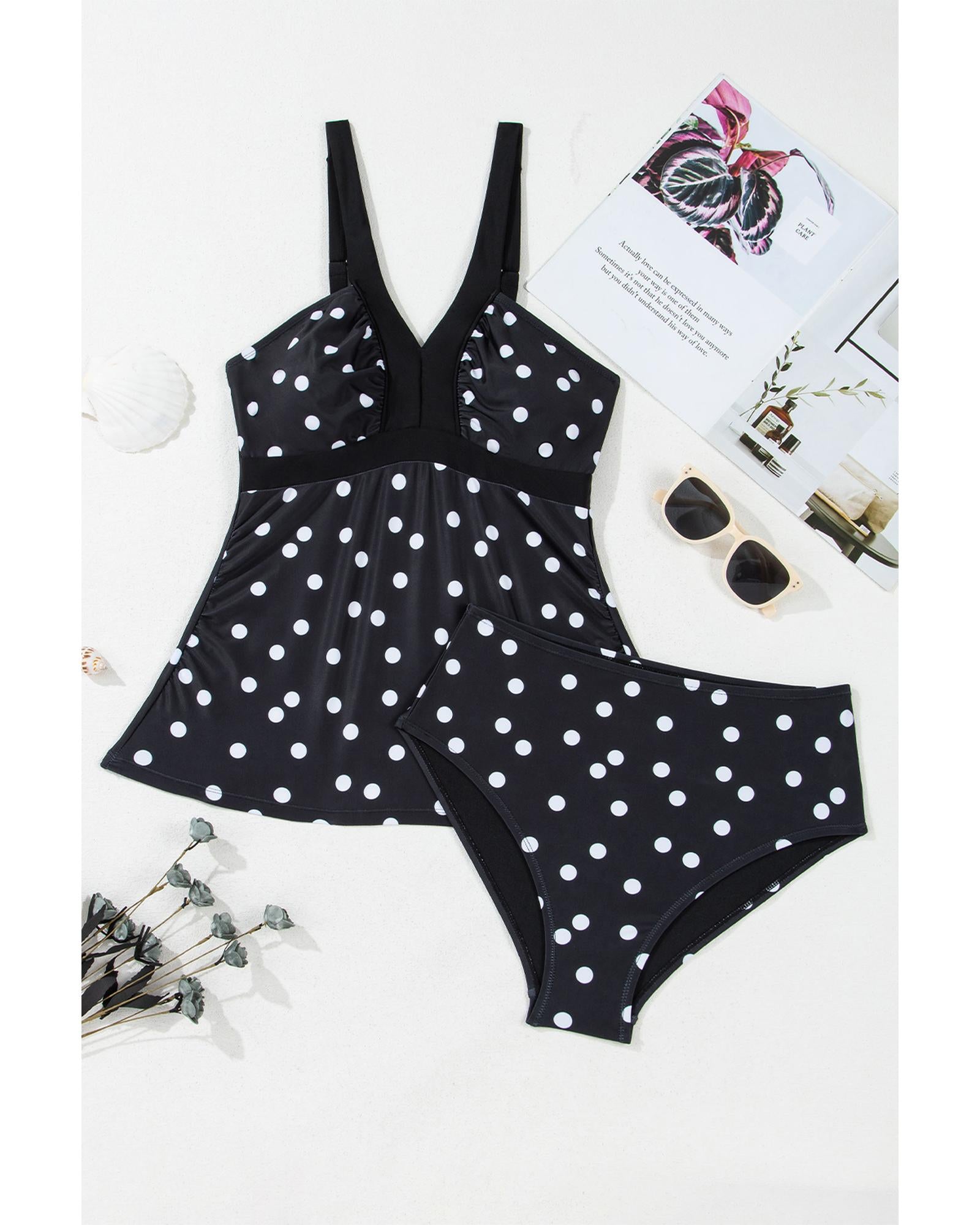 Black Polka Dot Print V Neck Tankini Set - S