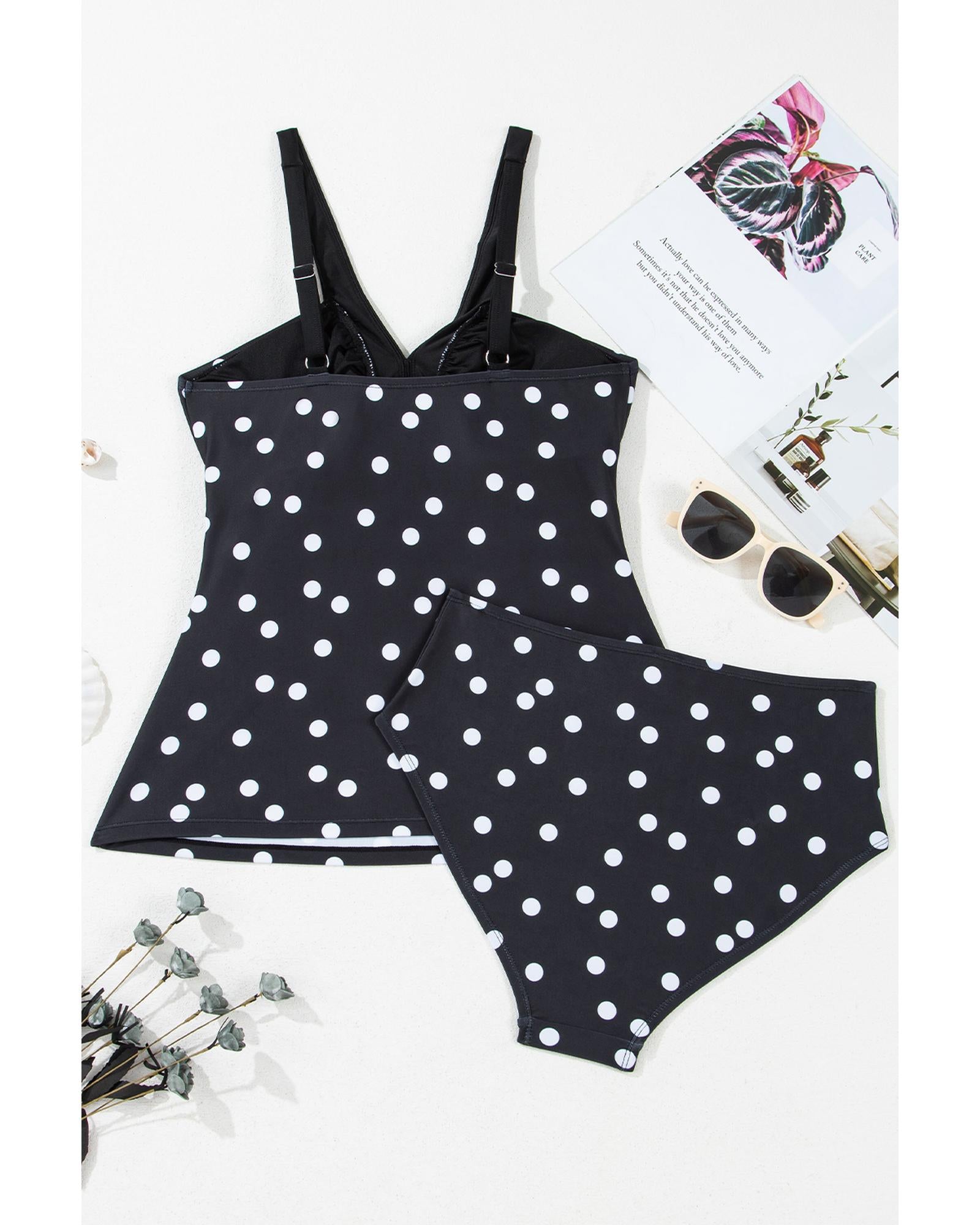Black Polka Dot Print V Neck Tankini Set - S