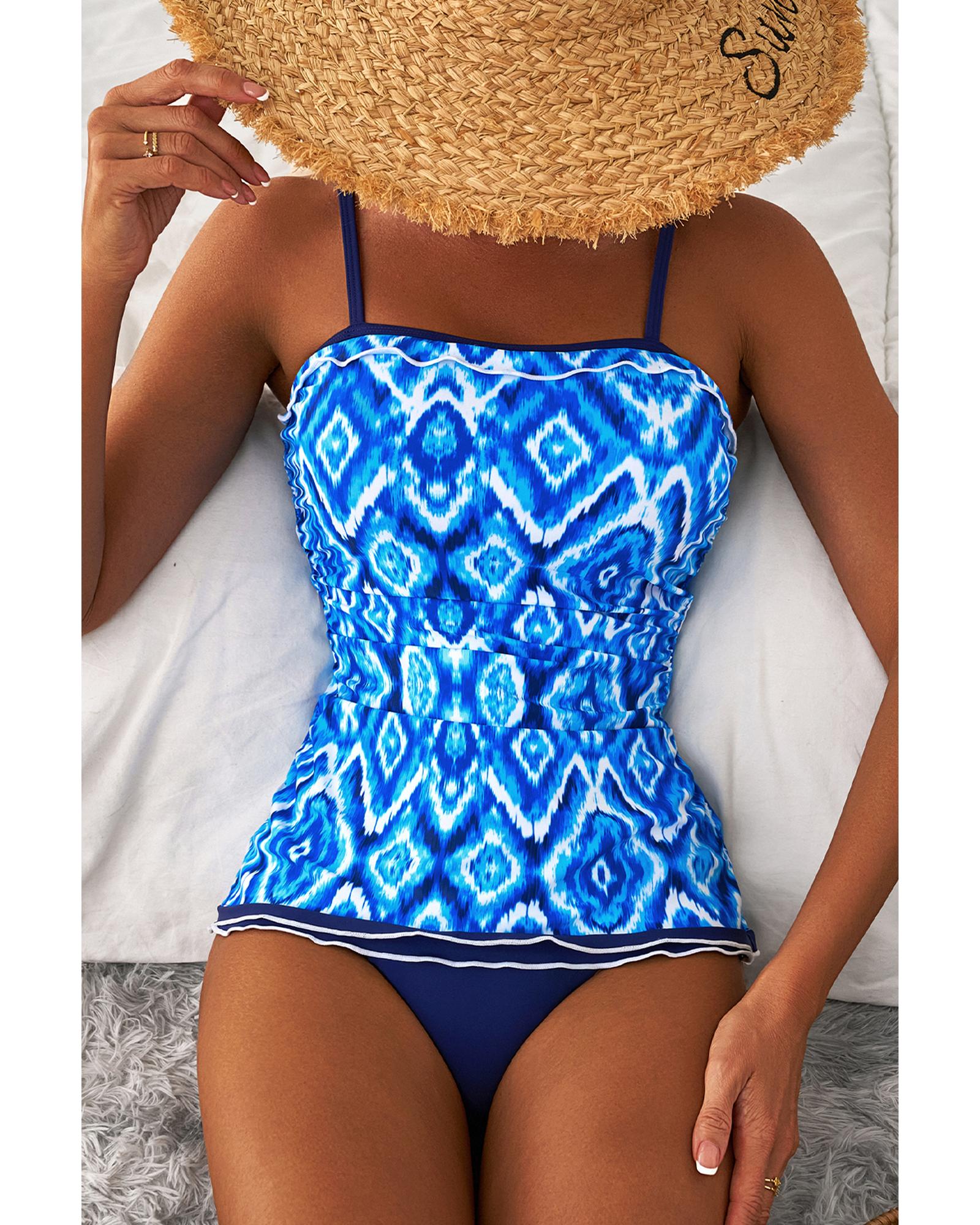 Navy Blue Abstract Print Frilled Trim Spaghetti Straps Tankini Set - M