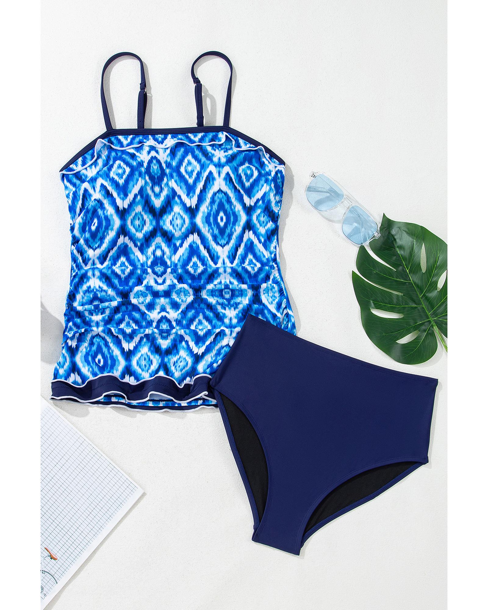 Navy Blue Abstract Print Frilled Trim Spaghetti Straps Tankini Set - M