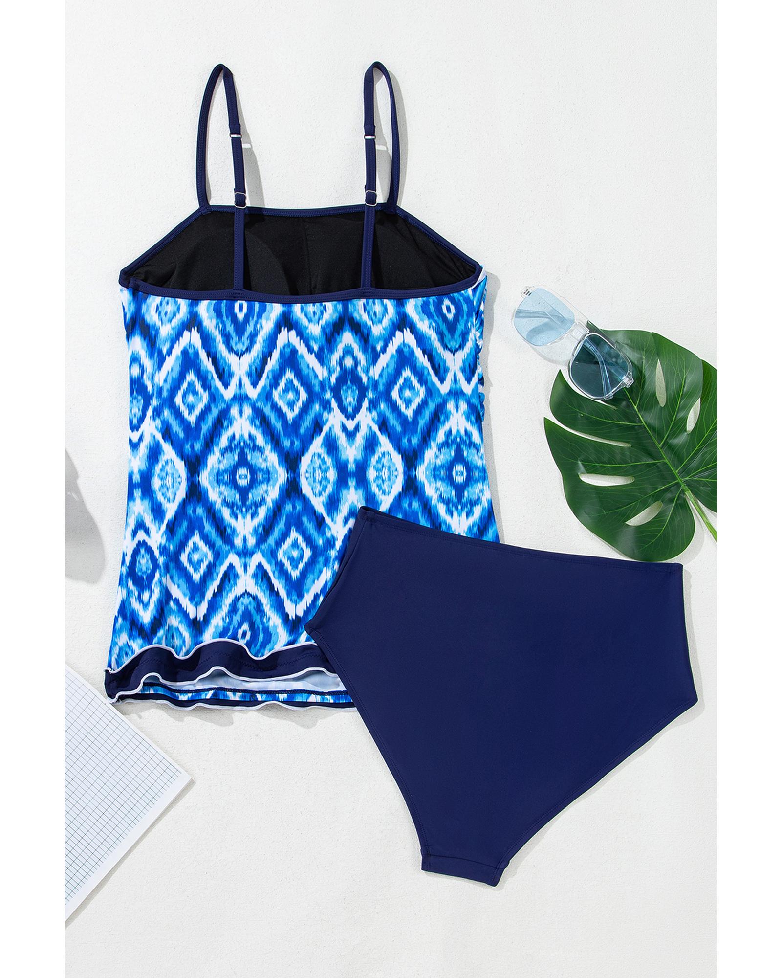 Navy Blue Abstract Print Frilled Trim Spaghetti Straps Tankini Set - M