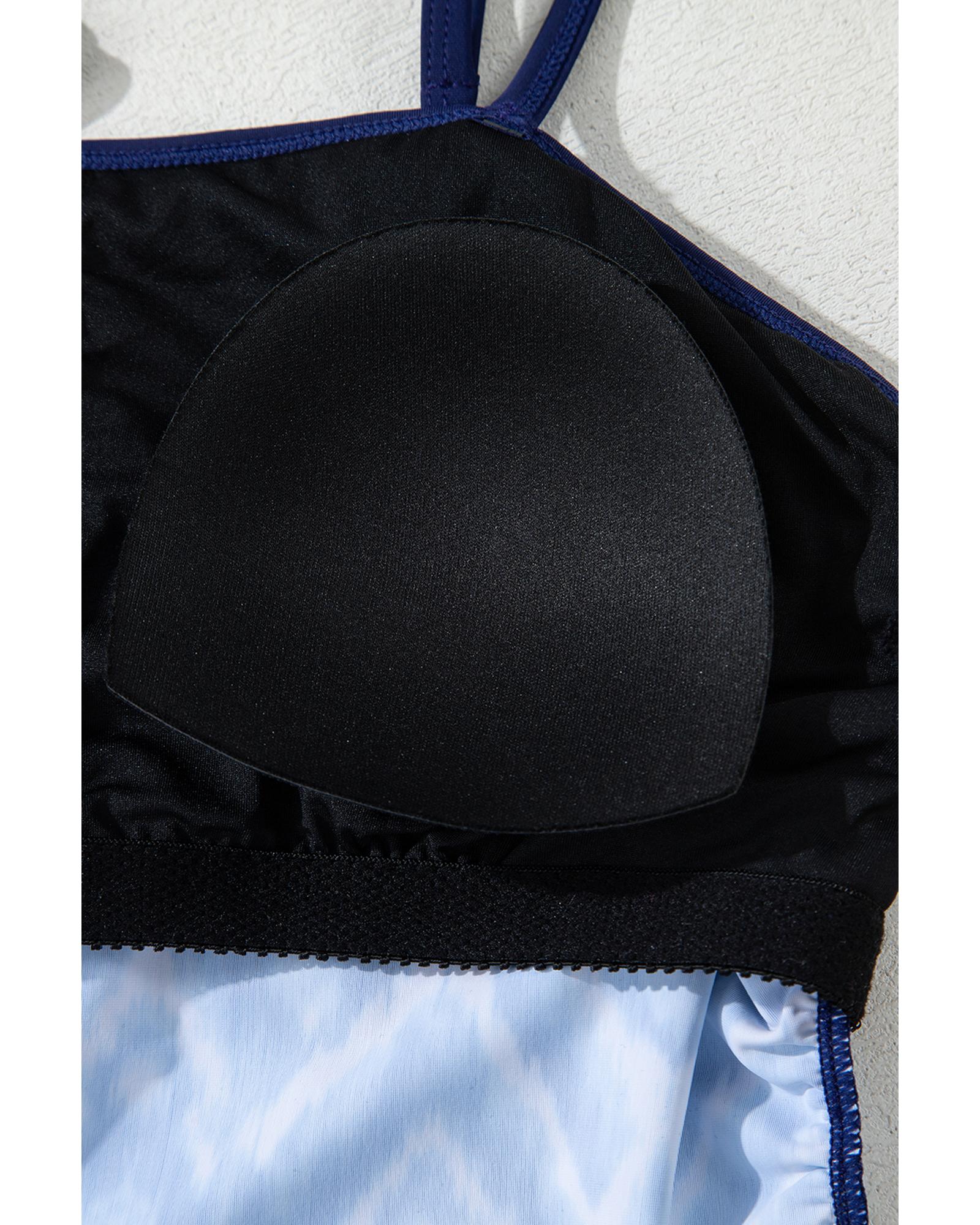 Navy Blue Abstract Print Frilled Trim Spaghetti Straps Tankini Set - M
