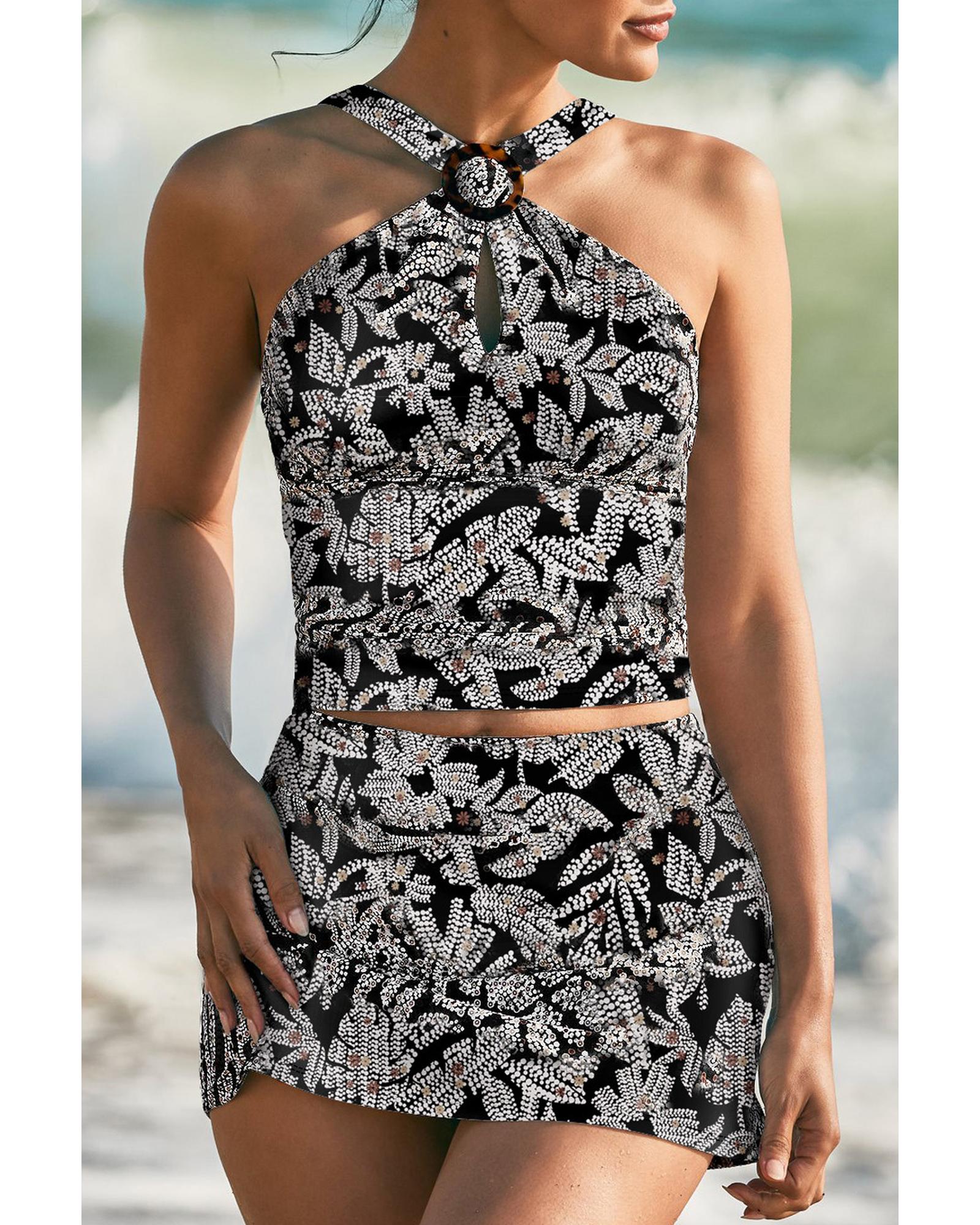 Black Abstract Printed Buckle Crossed Straps Skirted Tankini 2pcs Swimsuit - 2XL