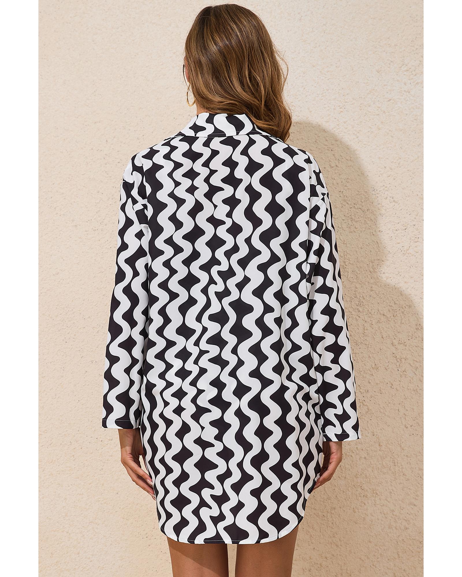 Black Stripe Print Loose Fit Open Front Beach Cover Up - M