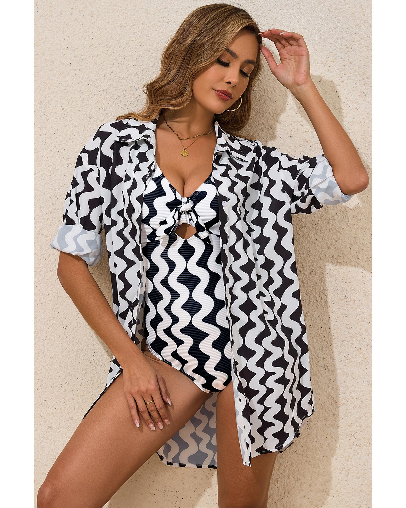 Black Stripe Print Loose Fit Open Front Beach Cover Up - M