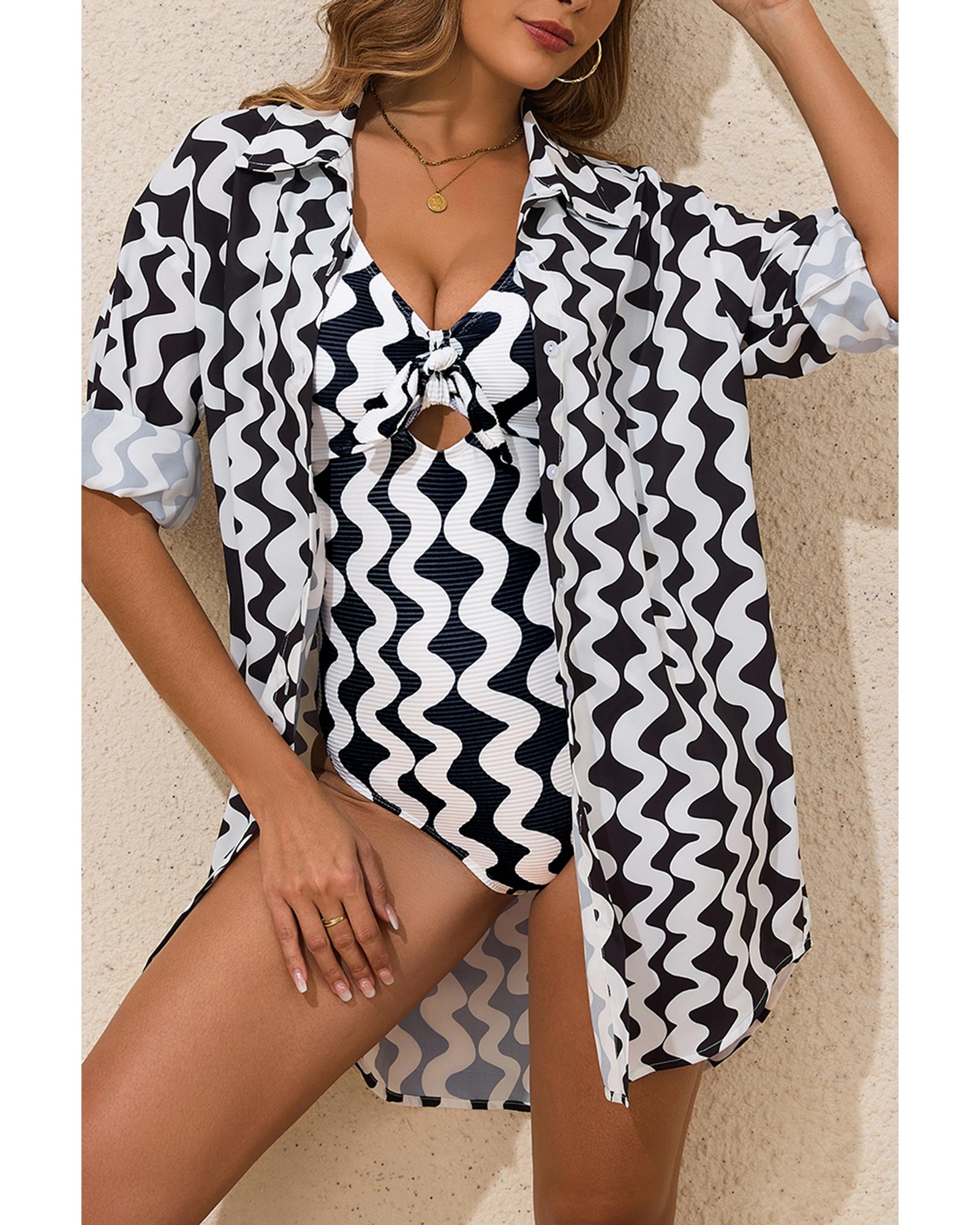 Black Stripe Print Loose Fit Open Front Beach Cover Up - XL