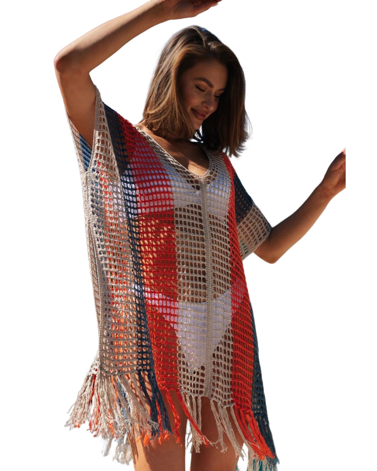 Multicolor Striped Tassel Crochet V Neck Beach Cover Up - L