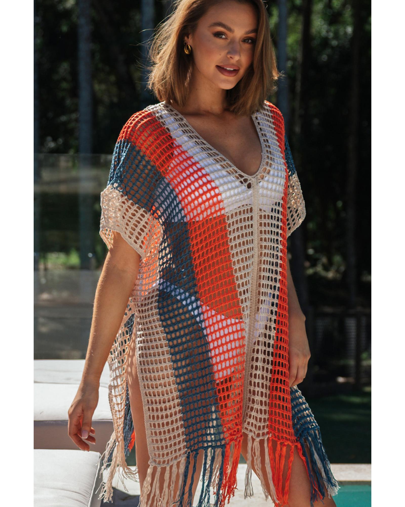 Multicolor Striped Tassel Crochet V Neck Beach Cover Up - L