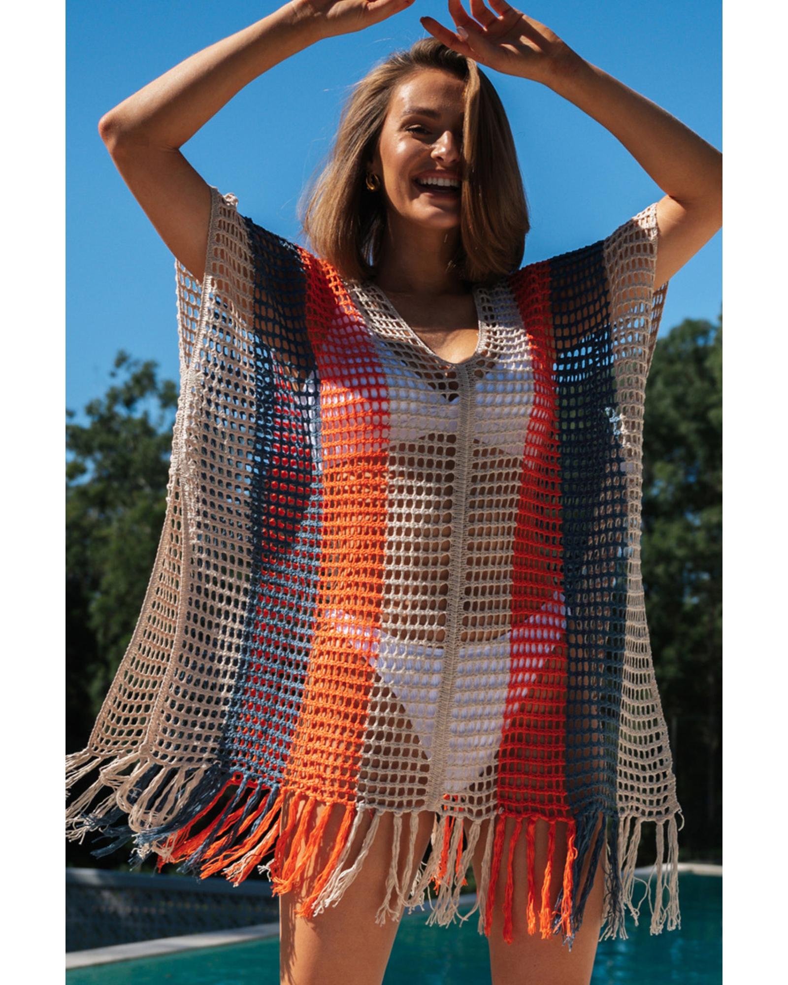 Multicolor Striped Tassel Crochet V Neck Beach Cover Up - M