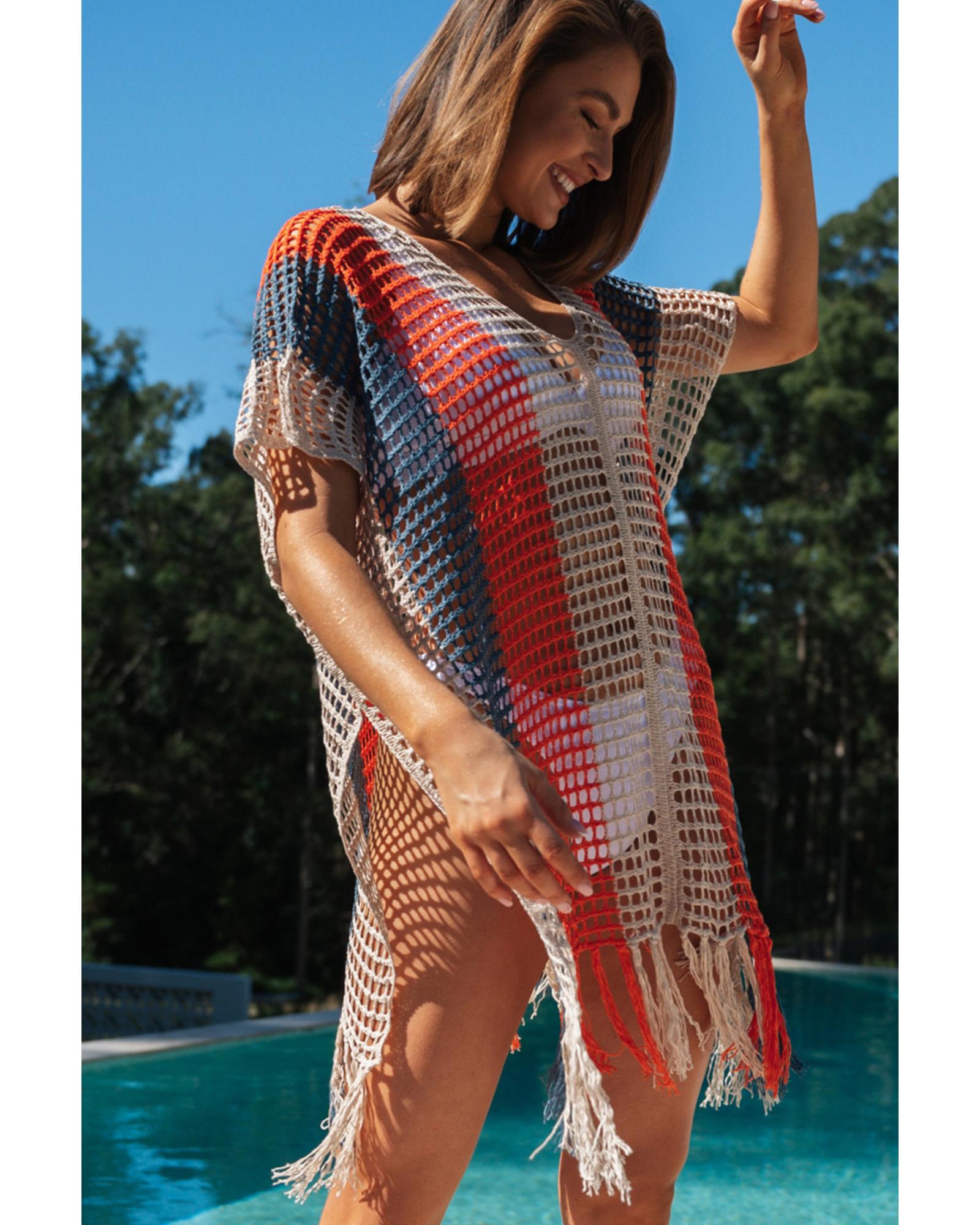 Multicolor Striped Tassel Crochet V Neck Beach Cover Up - M
