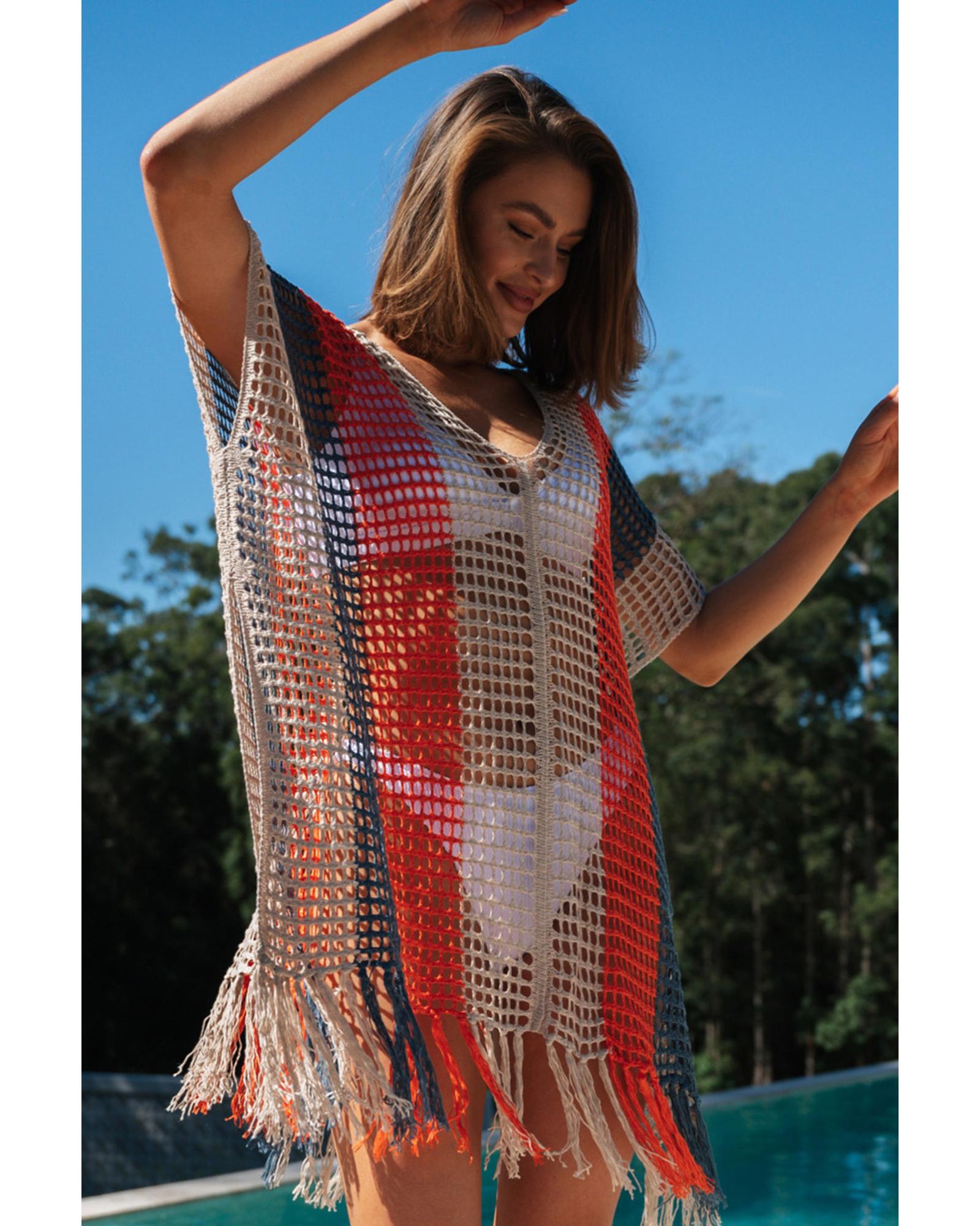 Multicolor Striped Tassel Crochet V Neck Beach Cover Up - S