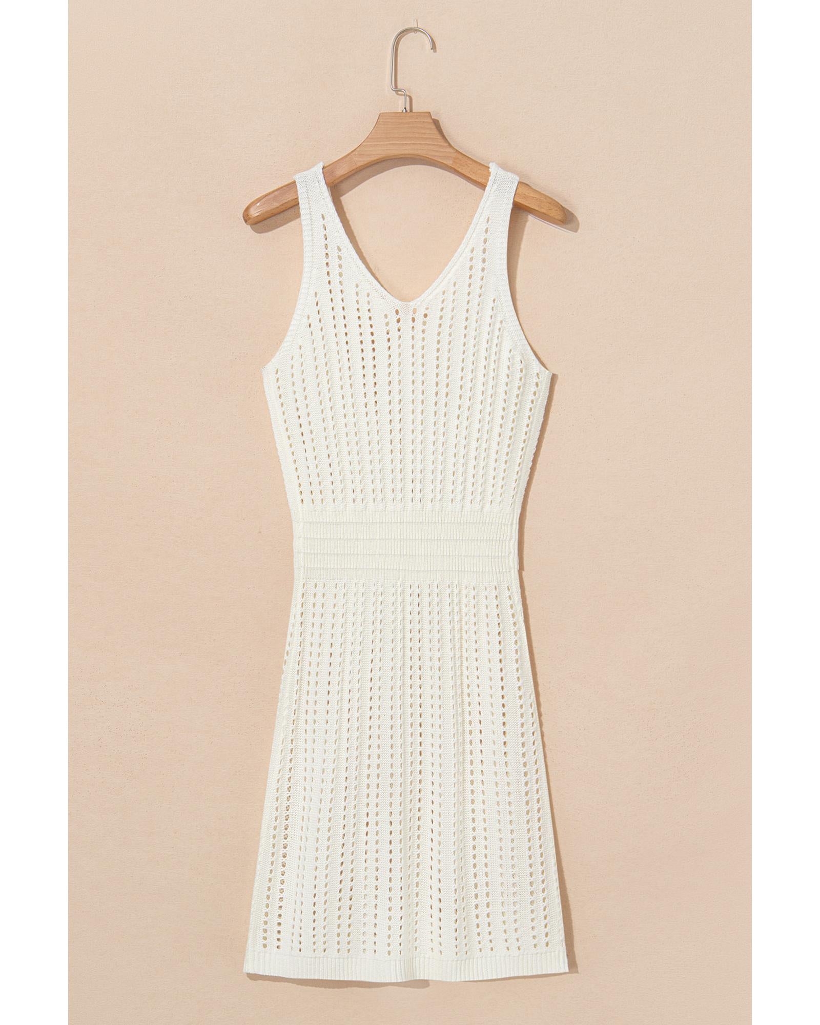 White Eyelet Crochet Sleeveless V Neck Beach Dress - XL