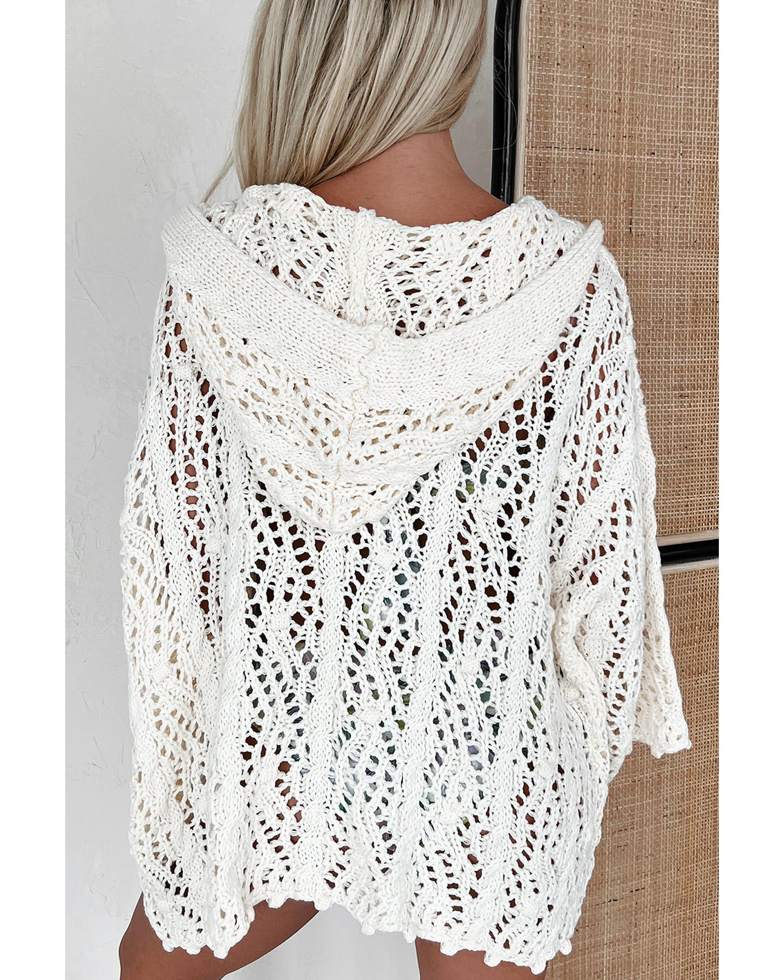 White Fashion Open Knit Hooded Beach Cover Up - M