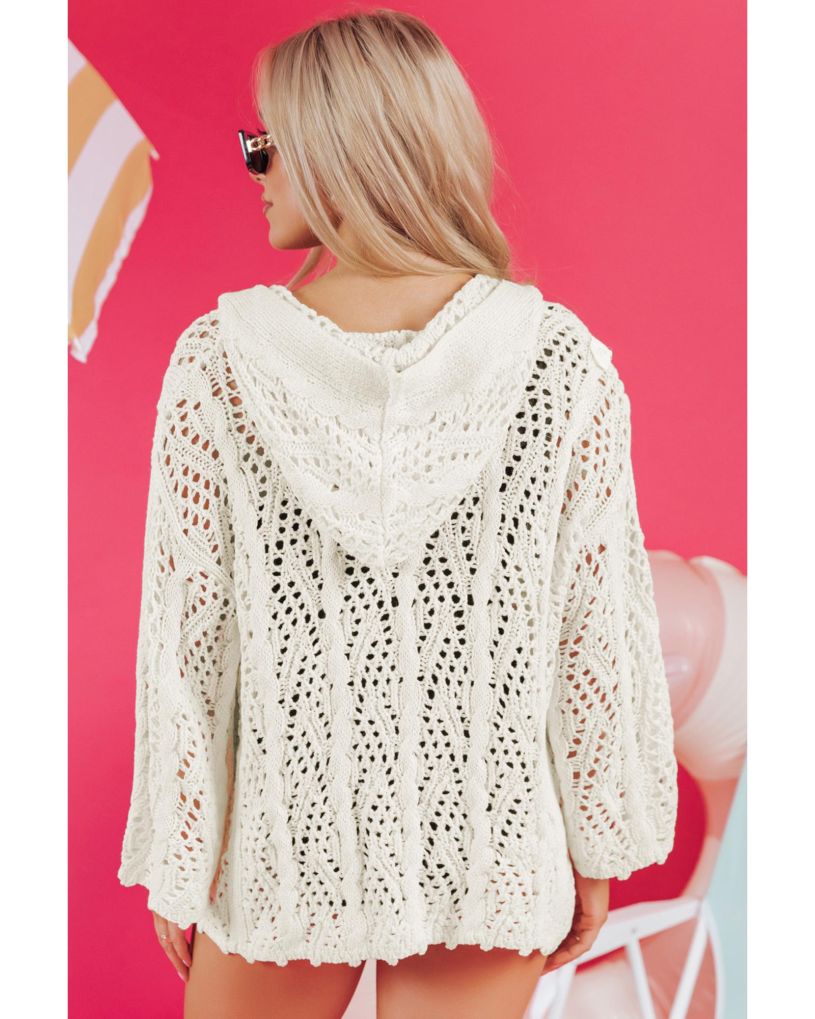 White Fashion Open Knit Hooded Beach Cover Up - M