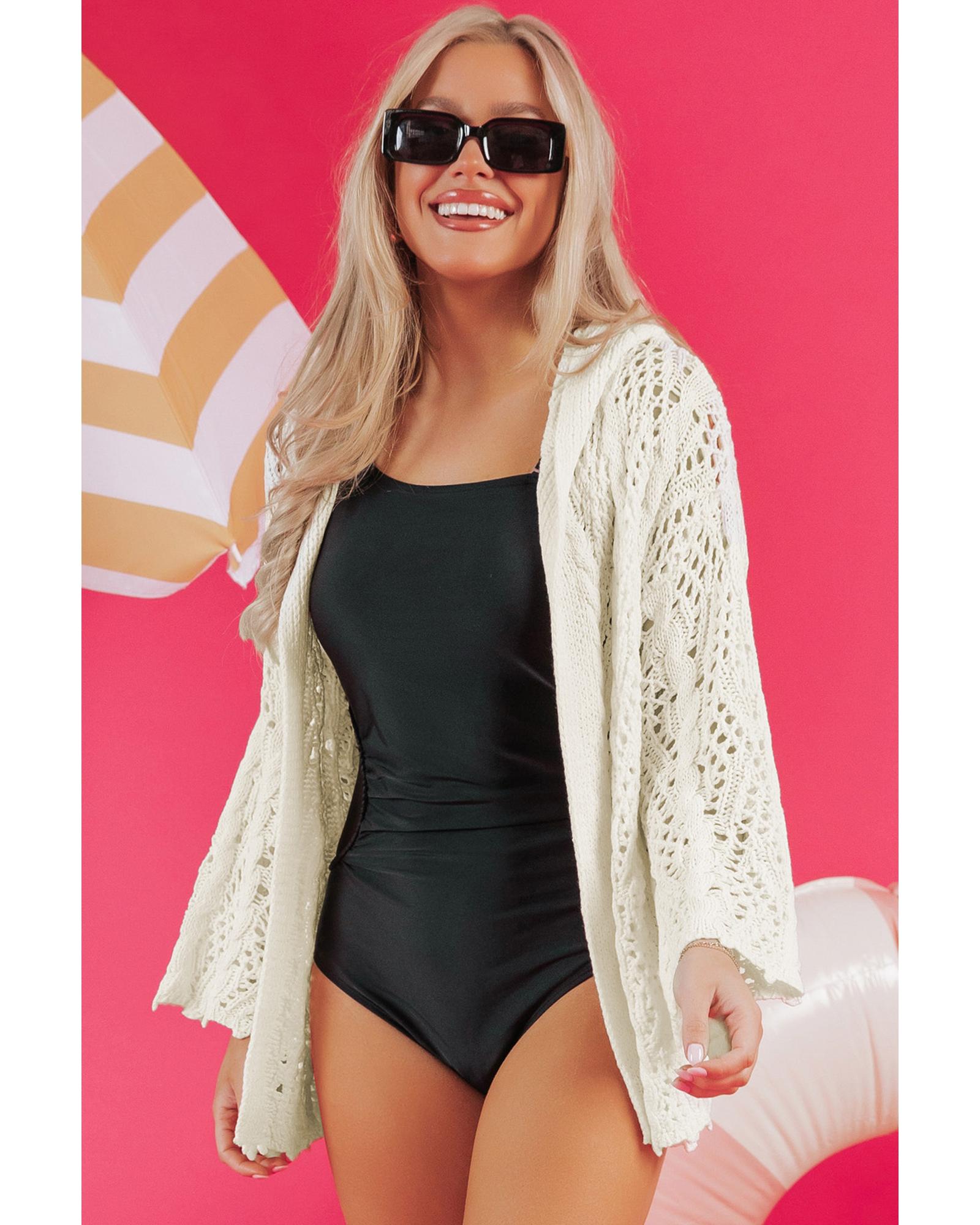 White Fashion Open Knit Hooded Beach Cover Up - M
