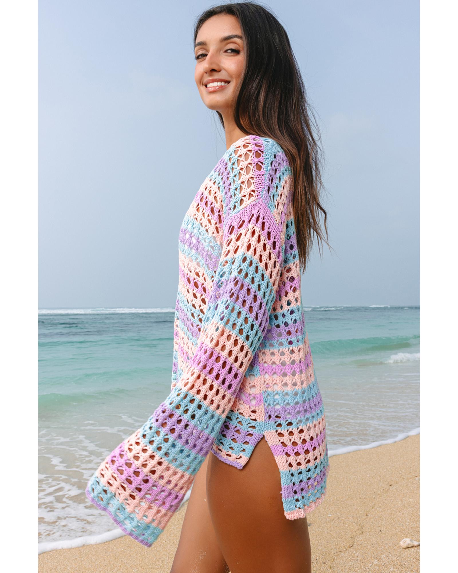 Purple Multi Stripe Open Knit Sweater Beach Cover Up - L