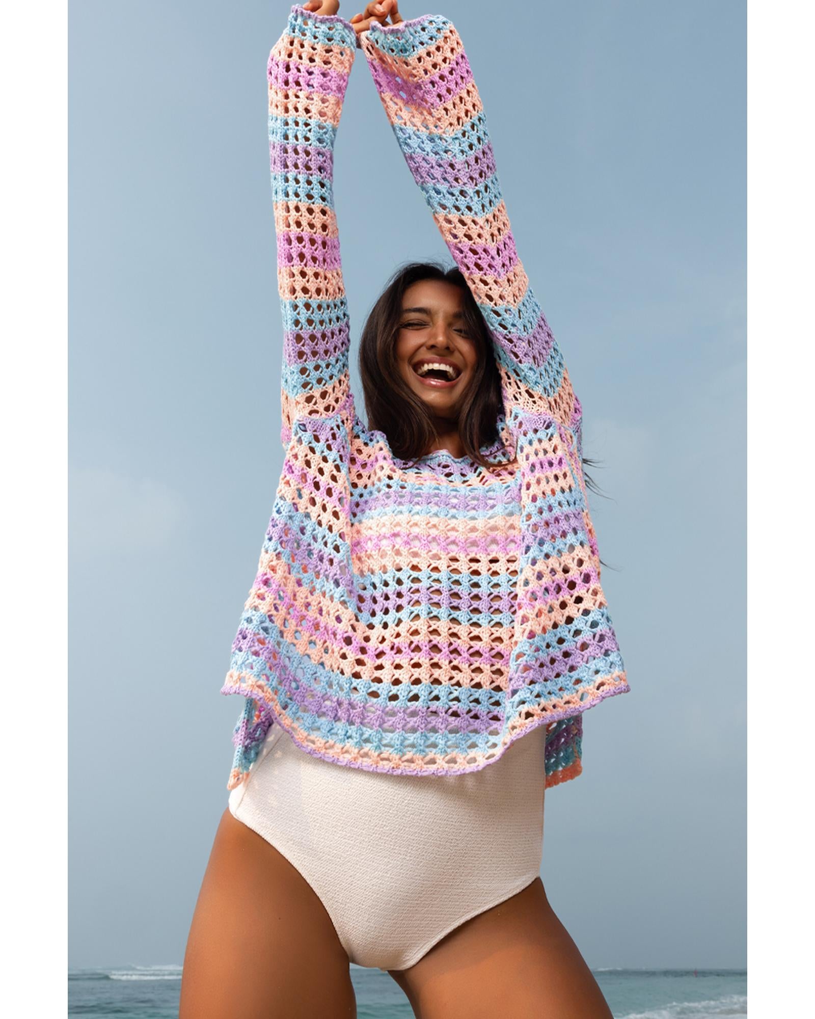 Purple Multi Stripe Open Knit Sweater Beach Cover Up - L