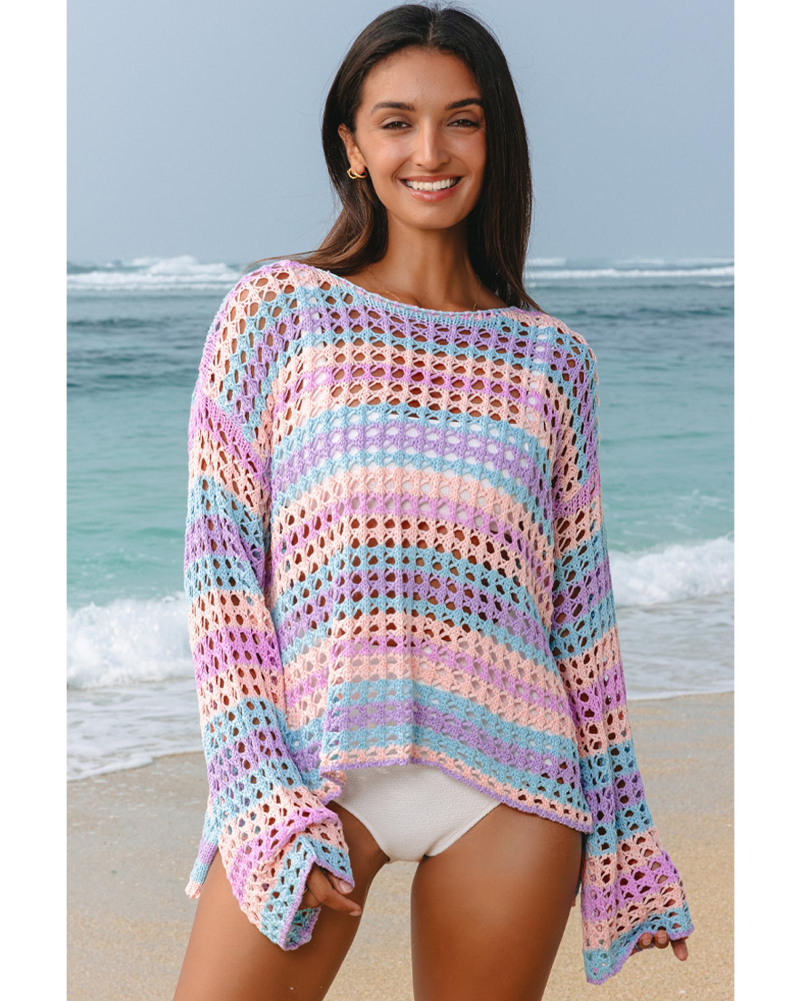 Purple Multi Stripe Open Knit Sweater Beach Cover Up - L