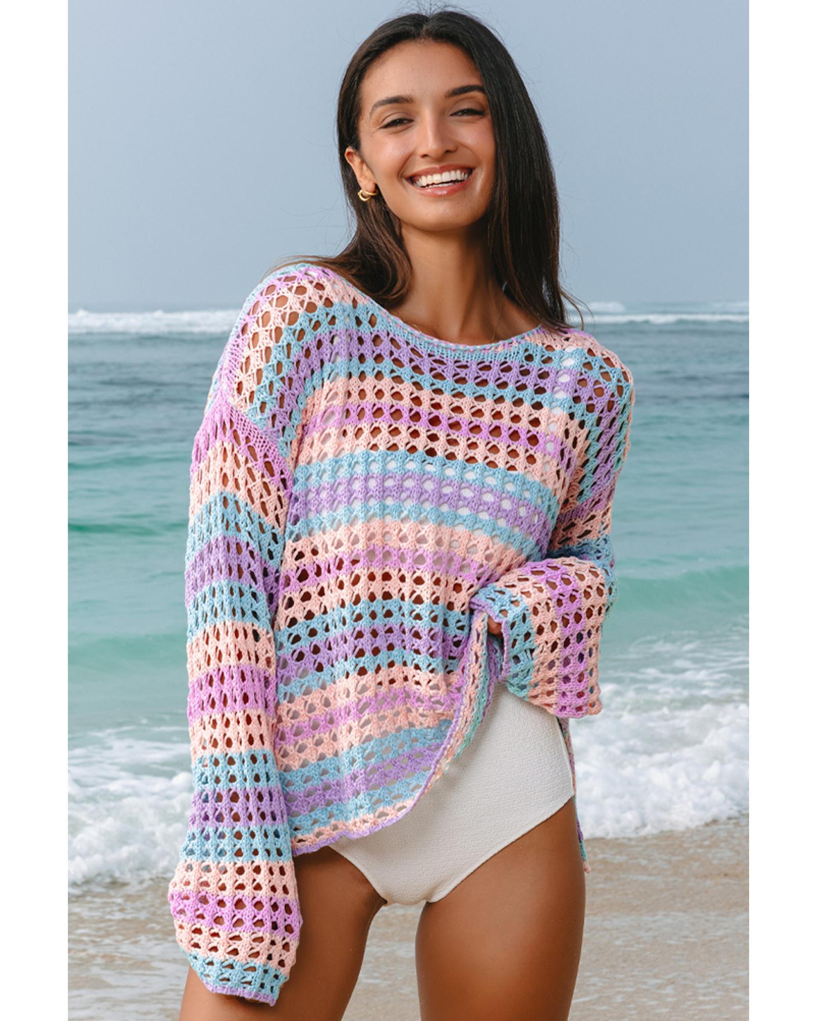 Purple Multi Stripe Open Knit Sweater Beach Cover Up - S