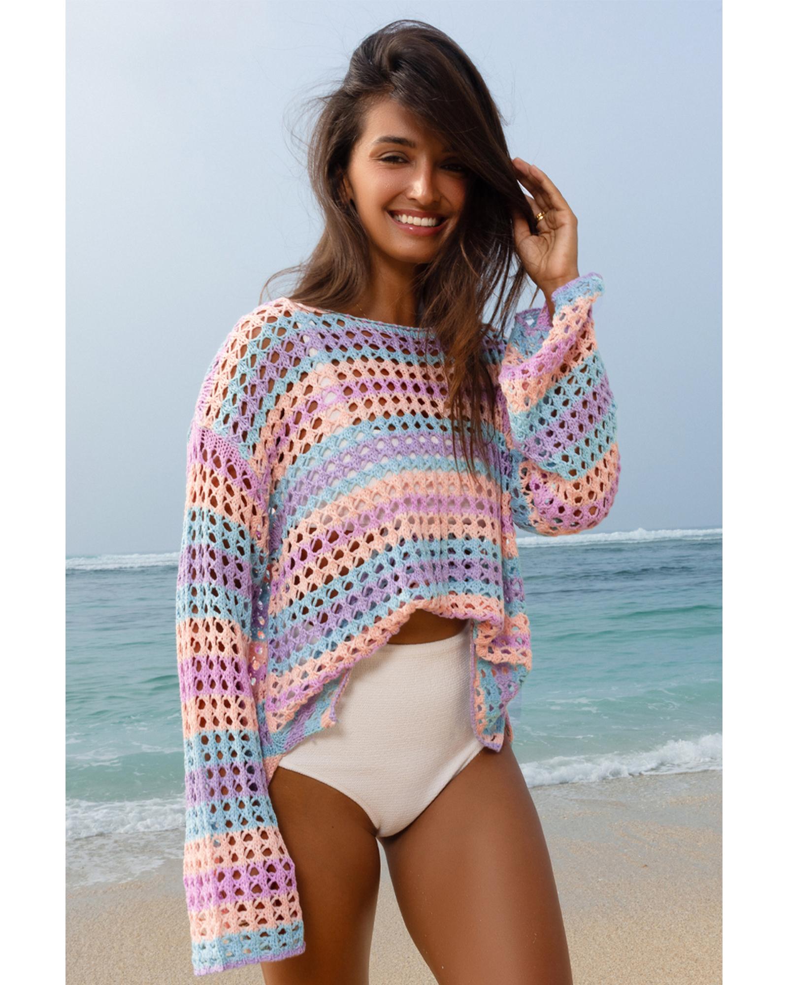 Purple Multi Stripe Open Knit Sweater Beach Cover Up - S
