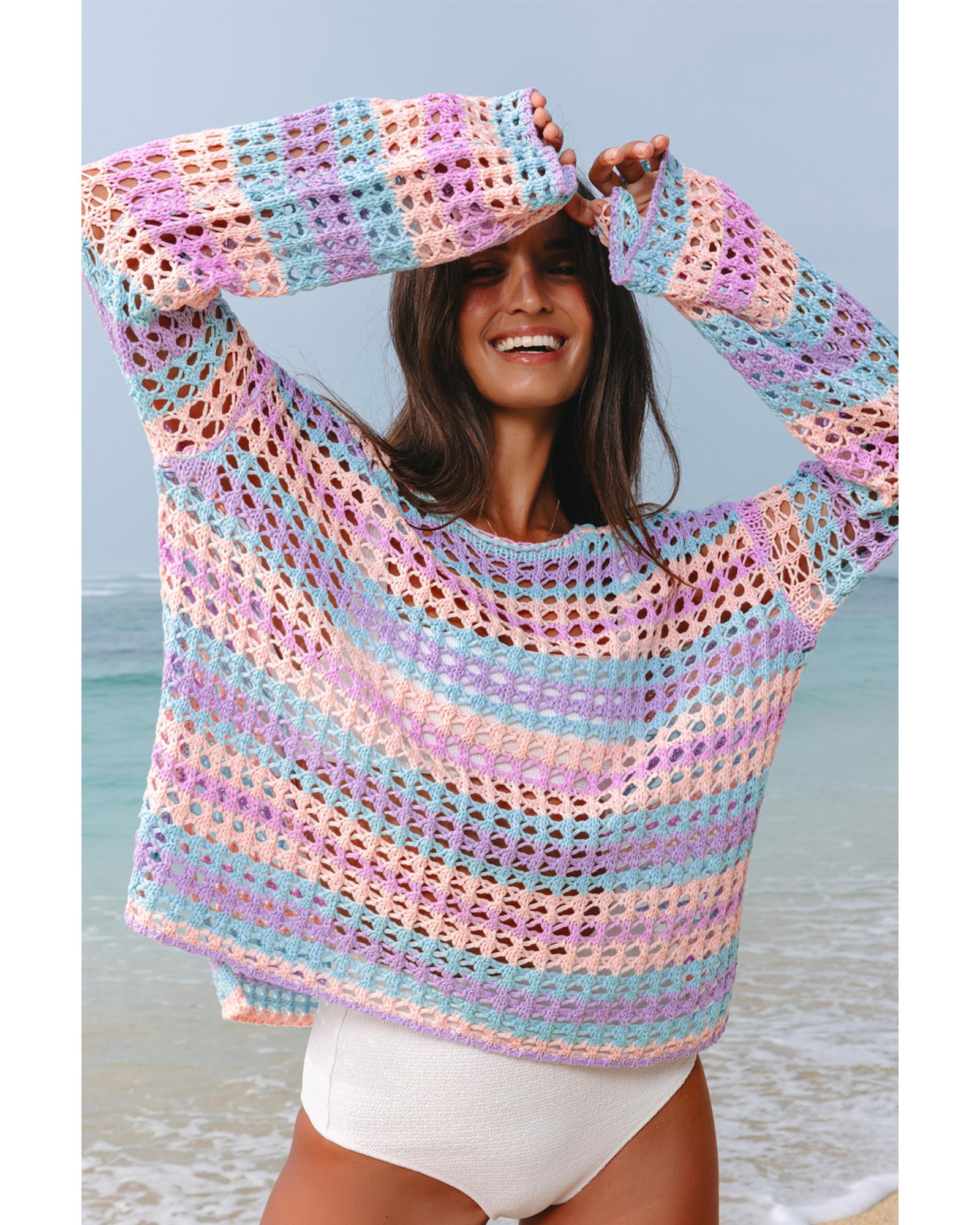 Purple Multi Stripe Open Knit Sweater Beach Cover Up - XL