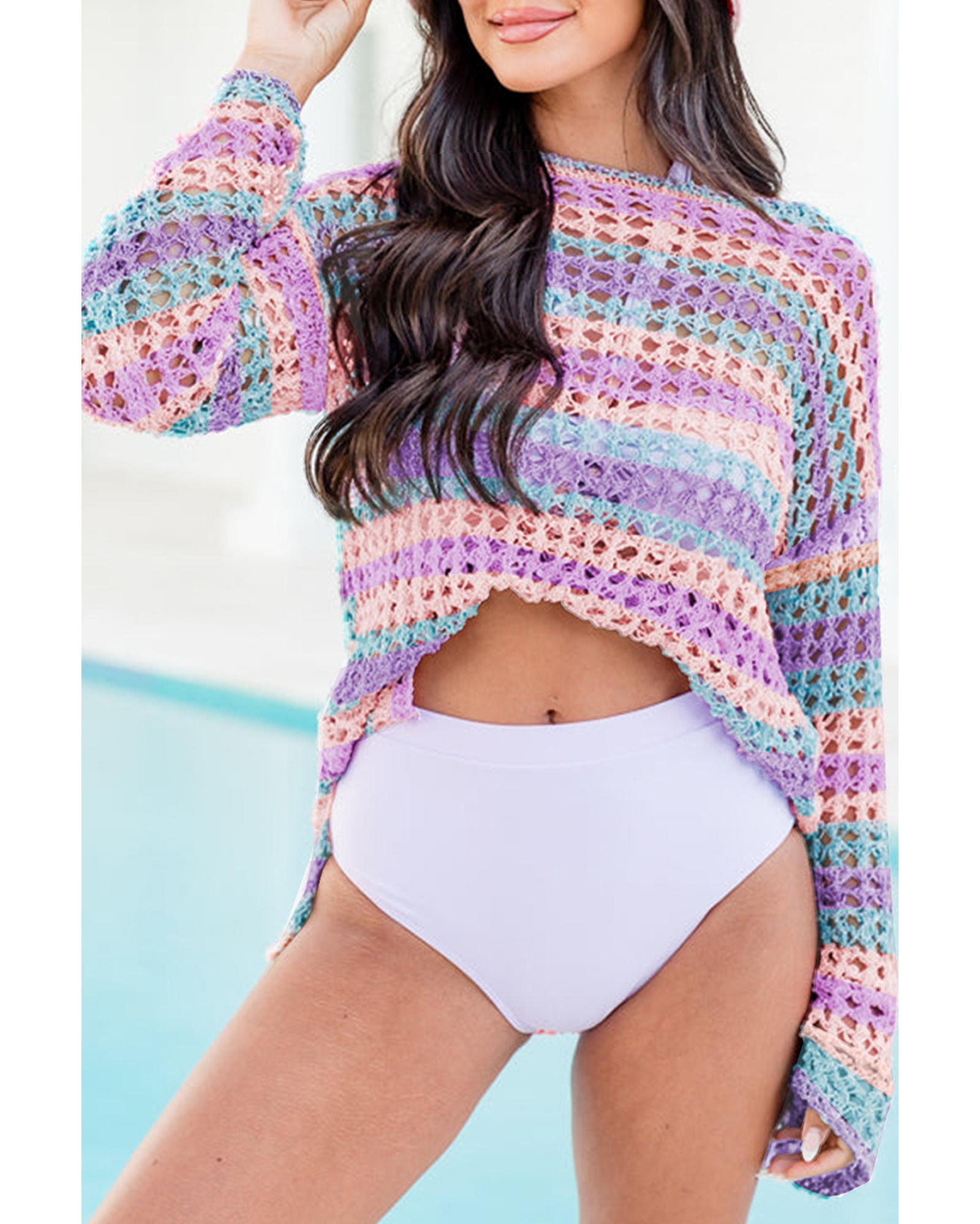 Purple Multi Stripe Open Knit Sweater Beach Cover Up - XL