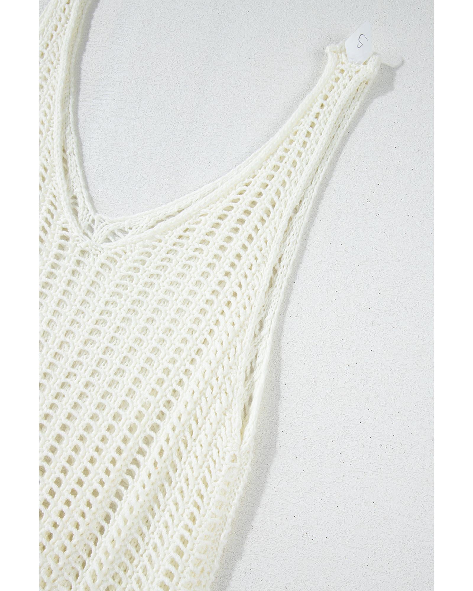 White Crochet Fishnet Fringed Edge V Neck Beach Cover Up - L