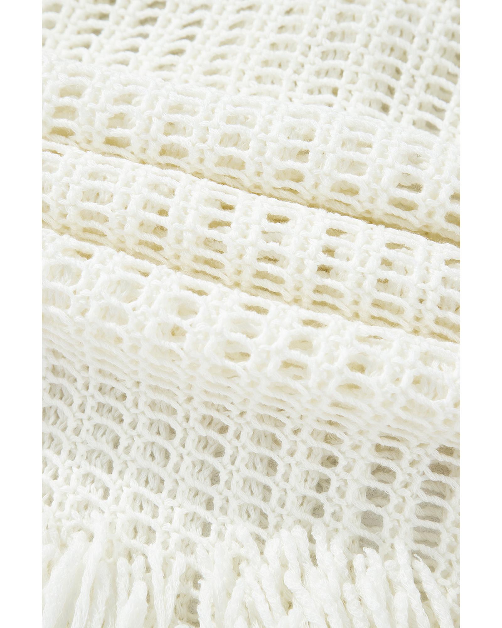White Crochet Fishnet Fringed Edge V Neck Beach Cover Up - M