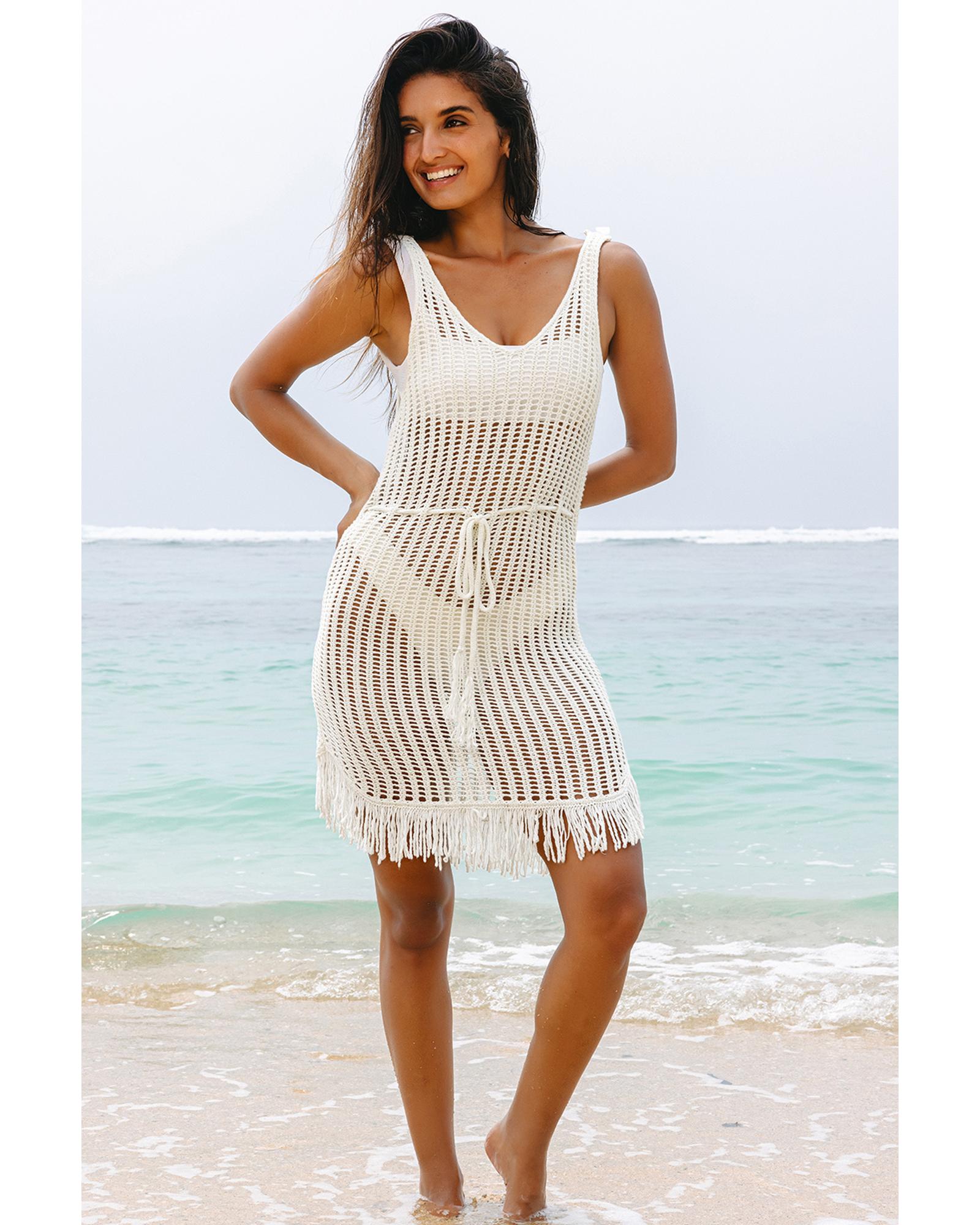 White Crochet Fishnet Fringed Edge V Neck Beach Cover Up - M
