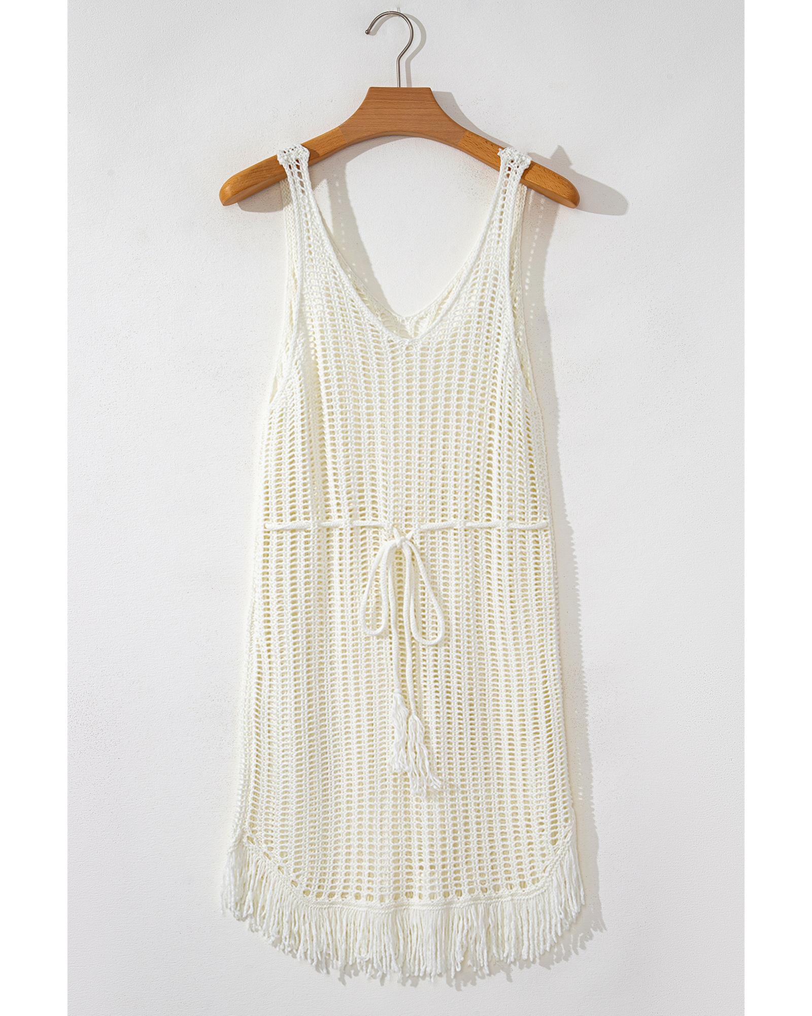 White Crochet Fishnet Fringed Edge V Neck Beach Cover Up - M