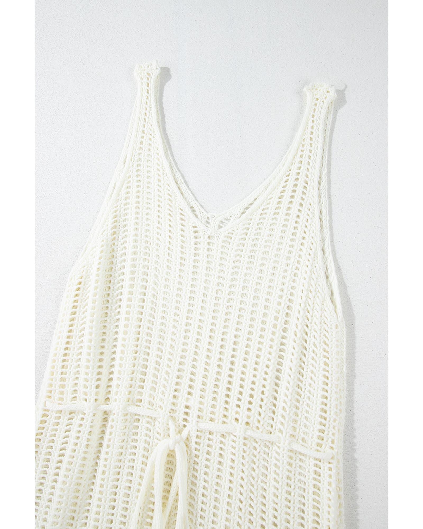 White Crochet Fishnet Fringed Edge V Neck Beach Cover Up - M