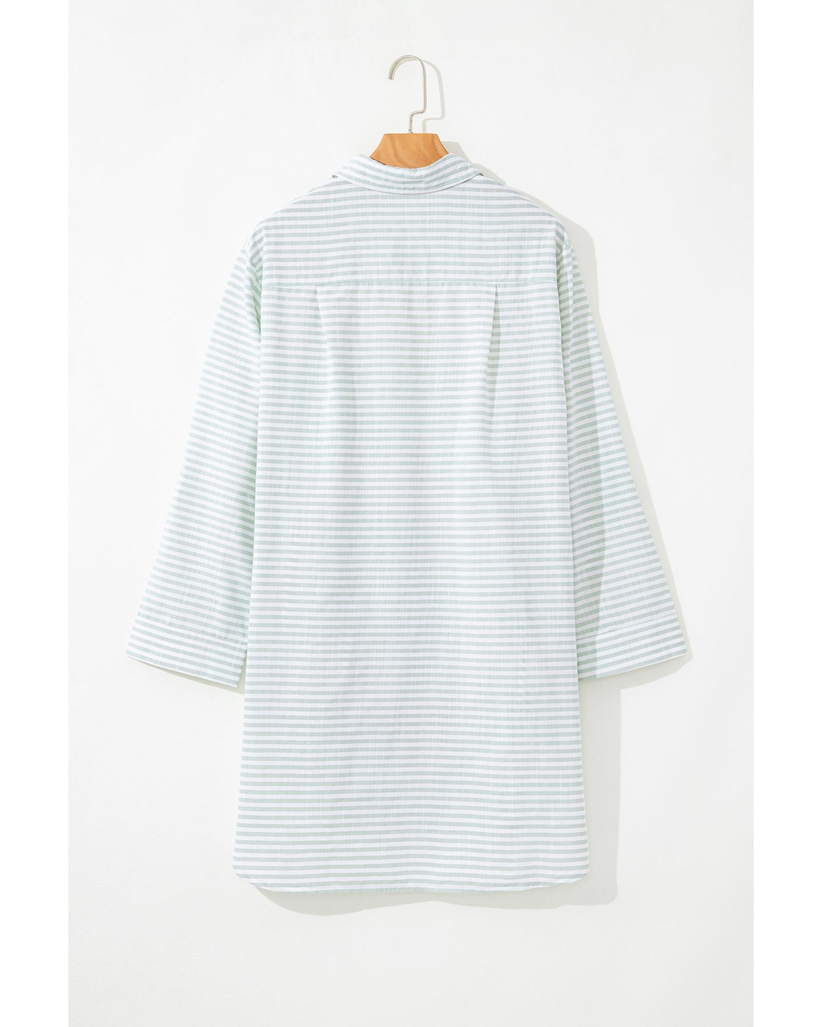 White Stripe Collared V Neck Chest Pocket Long Sleeve Beach Cover up - L