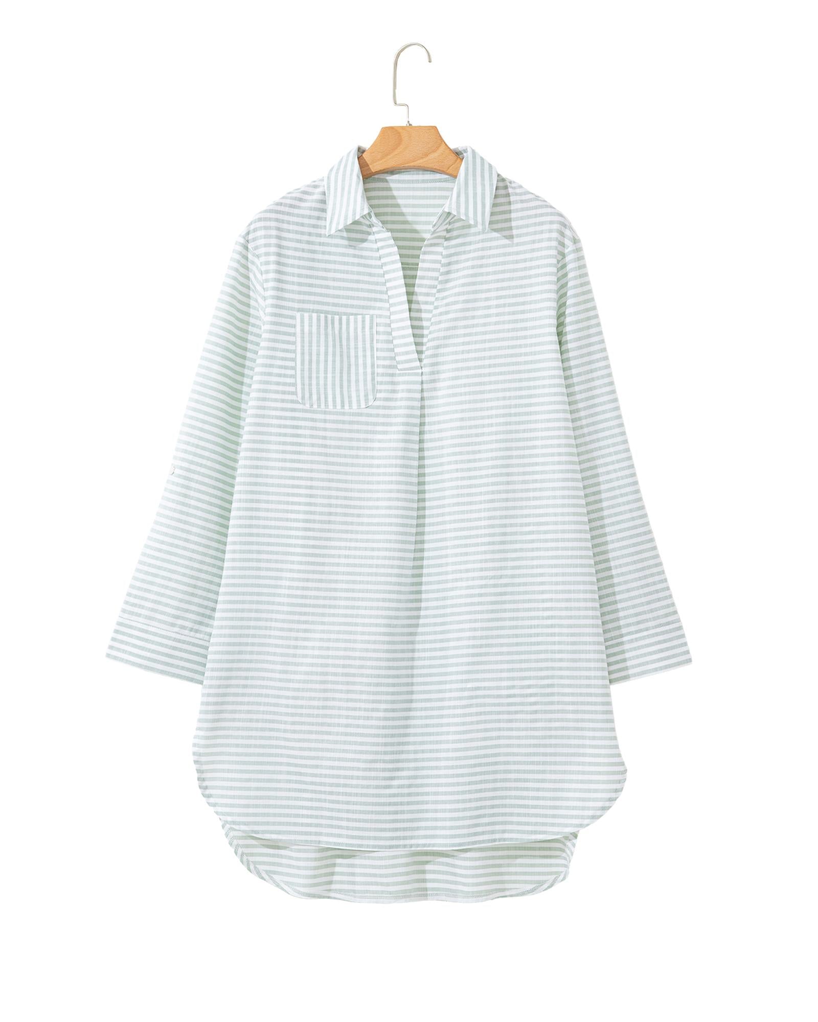 White Stripe Collared V Neck Chest Pocket Long Sleeve Beach Cover up - L