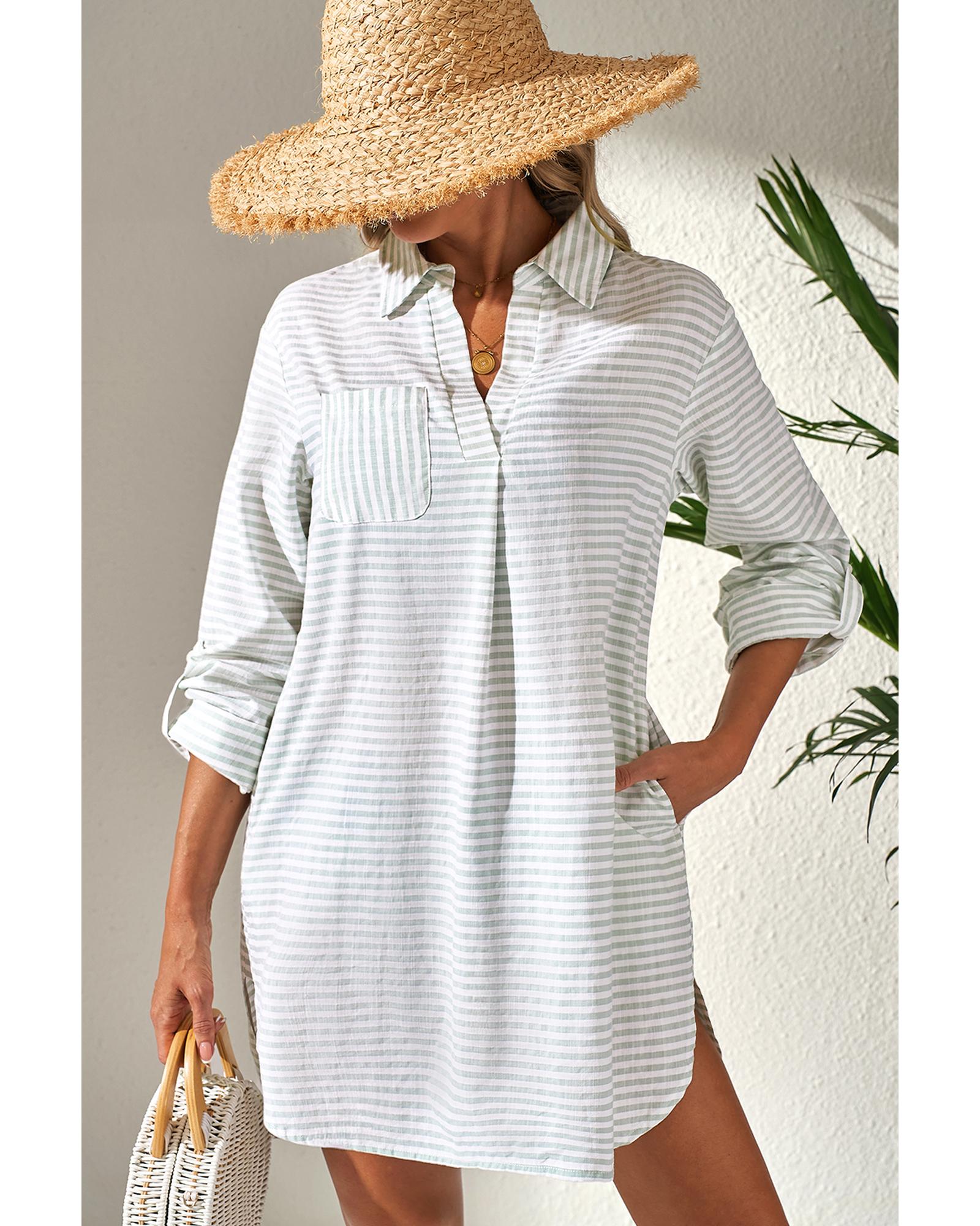White Stripe Collared V Neck Chest Pocket Long Sleeve Beach Cover up - XL