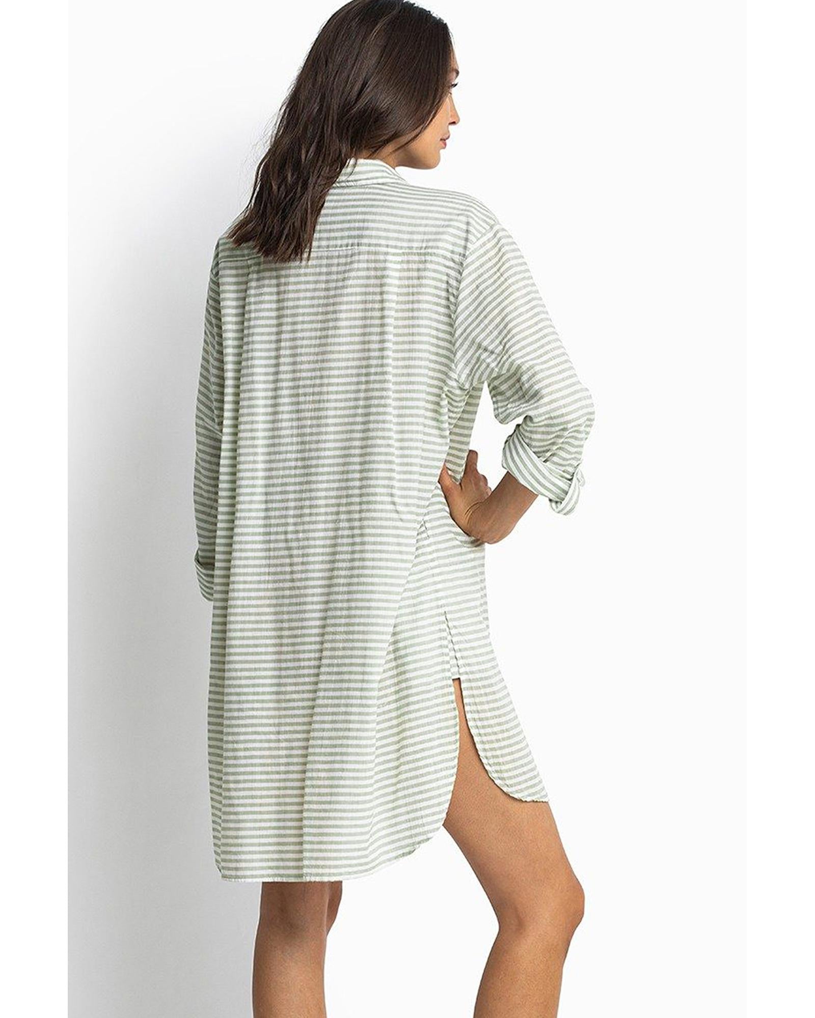 White Stripe Collared V Neck Chest Pocket Long Sleeve Beach Cover up - XL