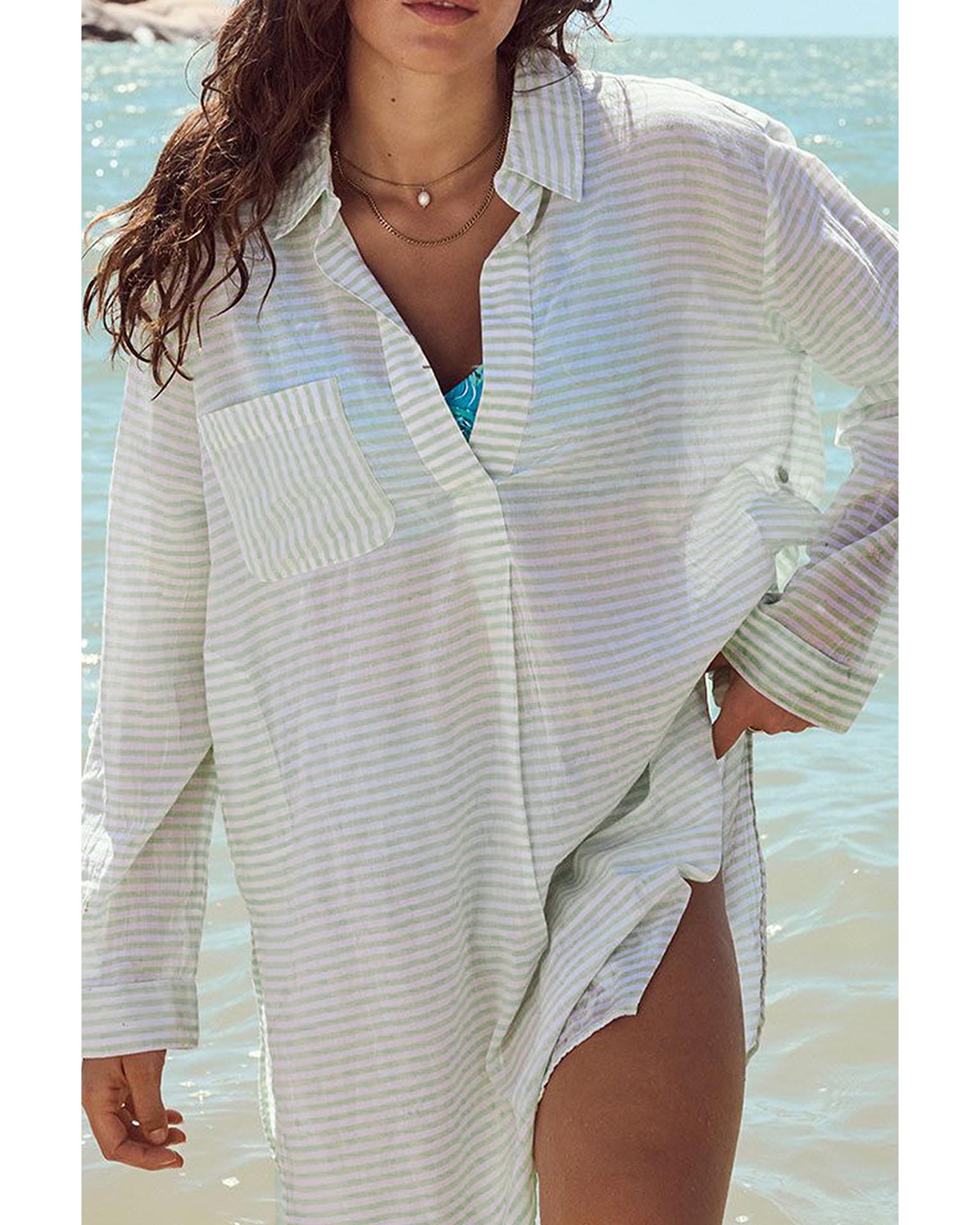 White Stripe Collared V Neck Chest Pocket Long Sleeve Beach Cover up - XL