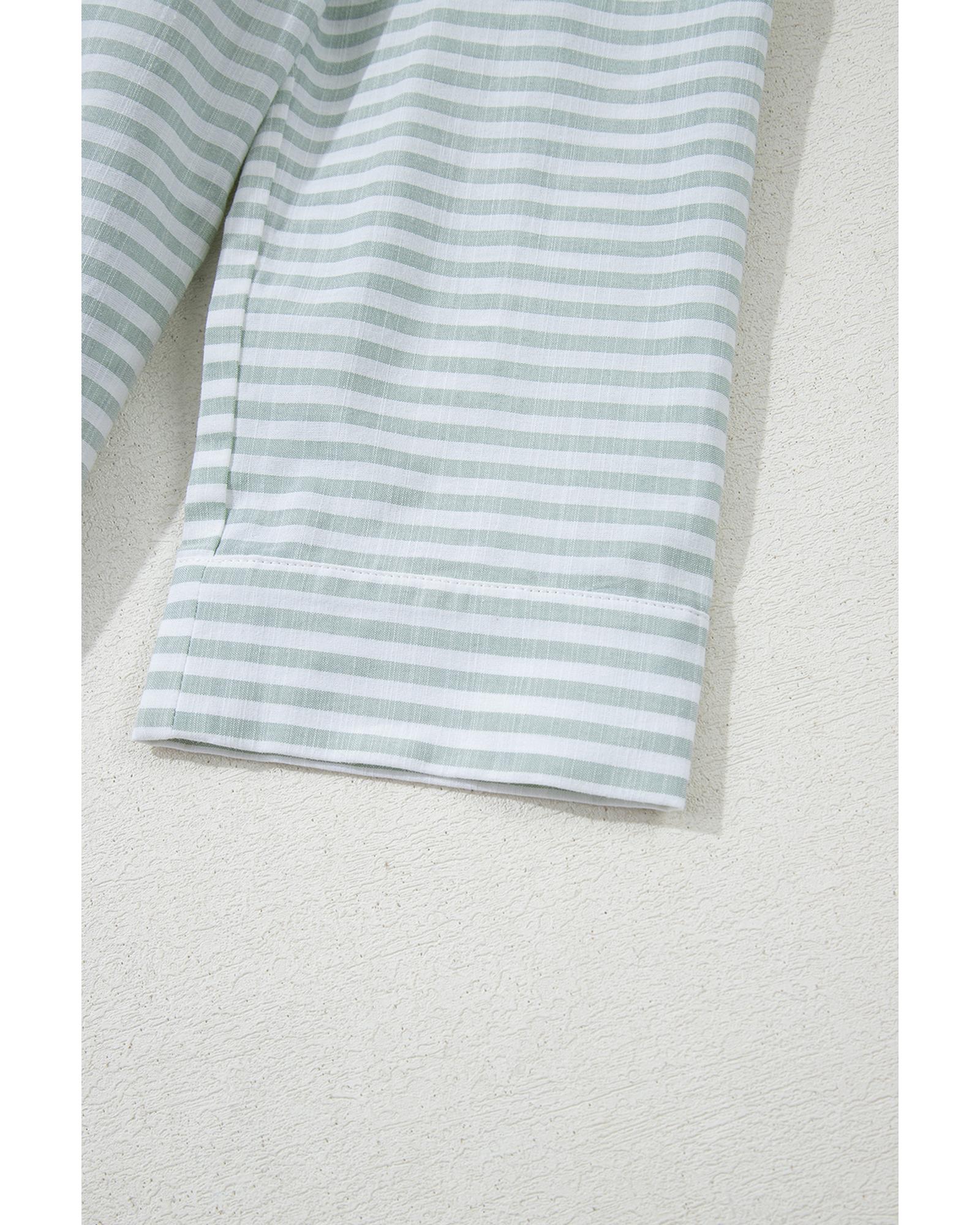 White Stripe Collared V Neck Chest Pocket Long Sleeve Beach Cover up - XL