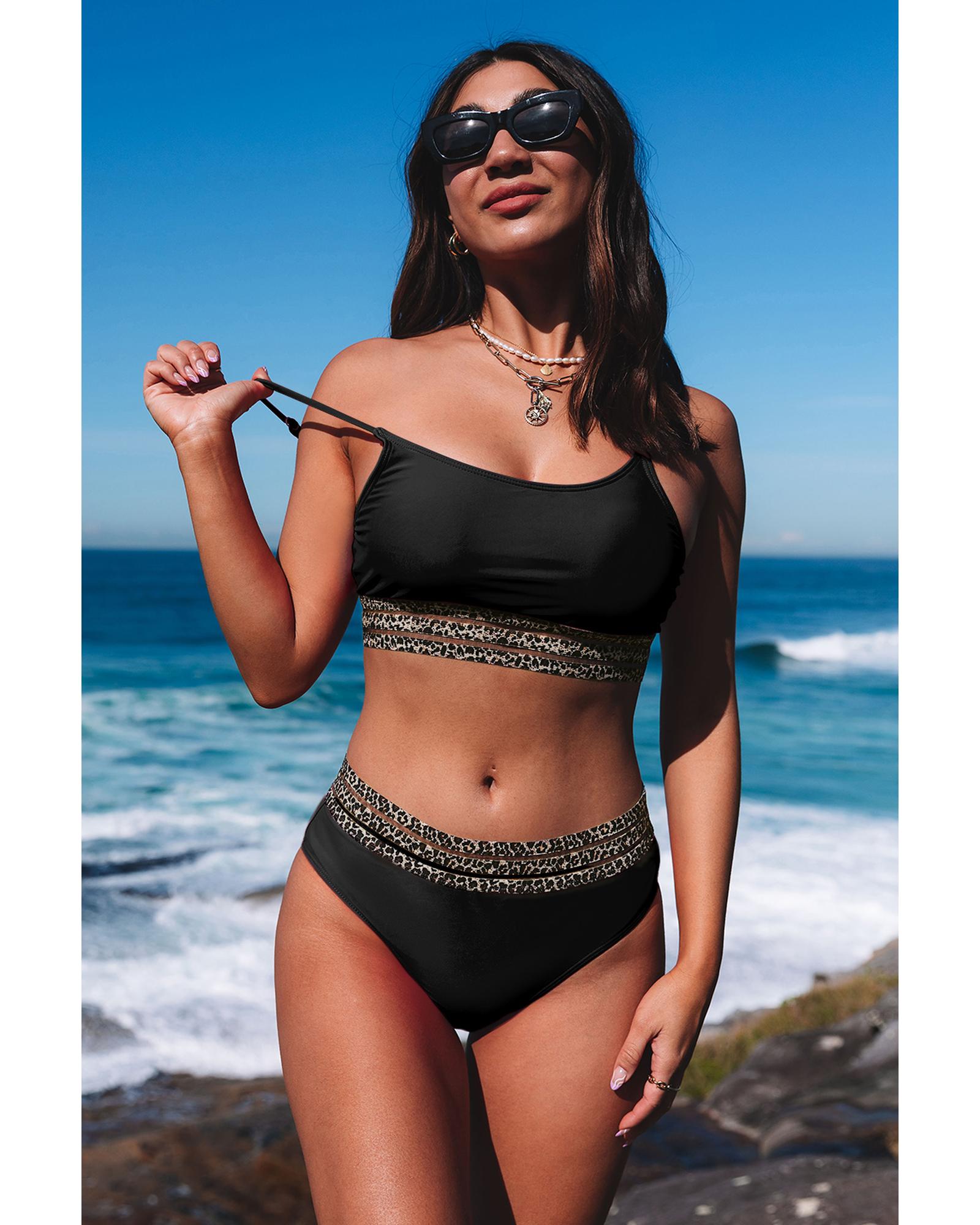 Azura Exchange Black Rose Leopard Mesh Trim 2pcs Bikini Swimsuit - L